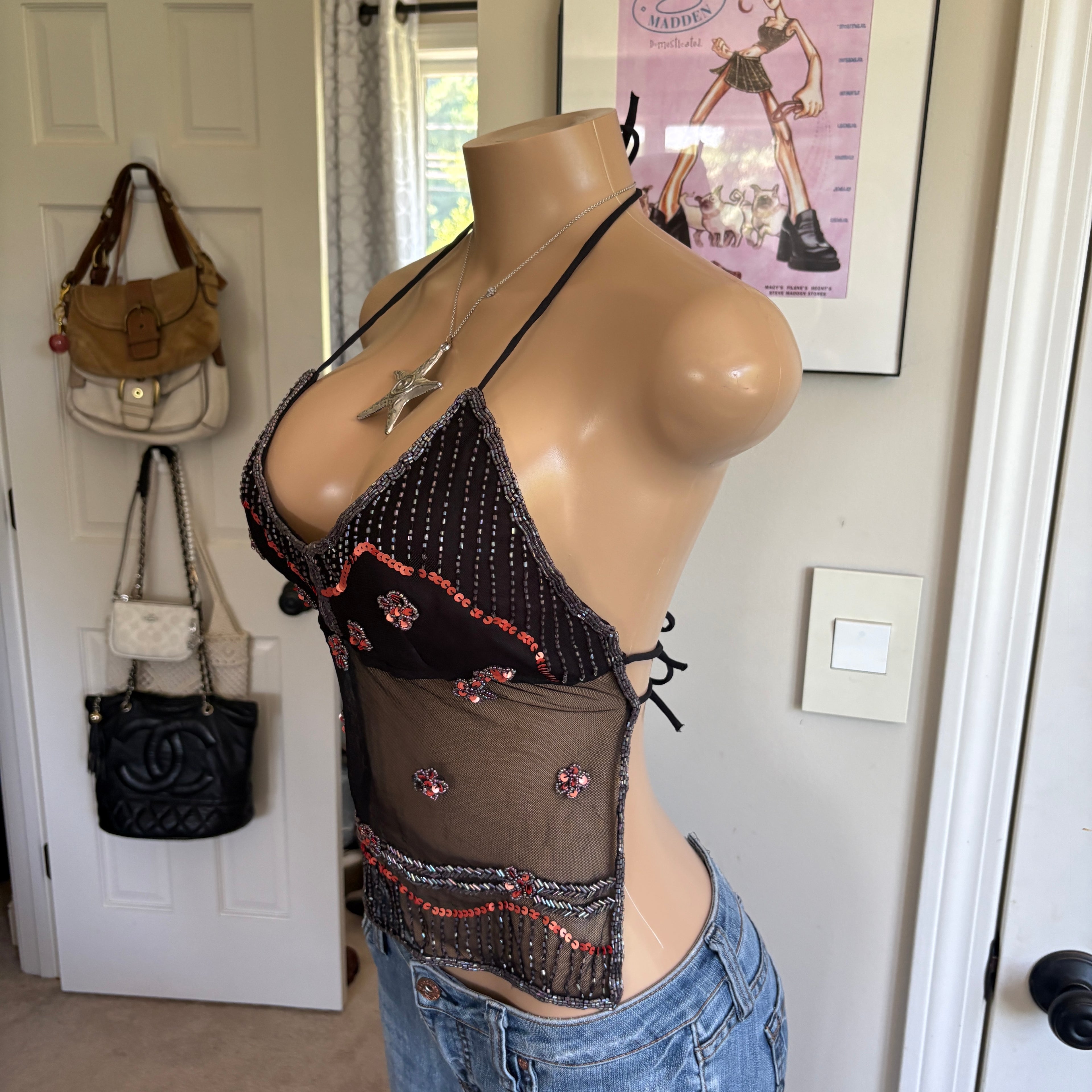 00s black & orange beaded halter top (size S)