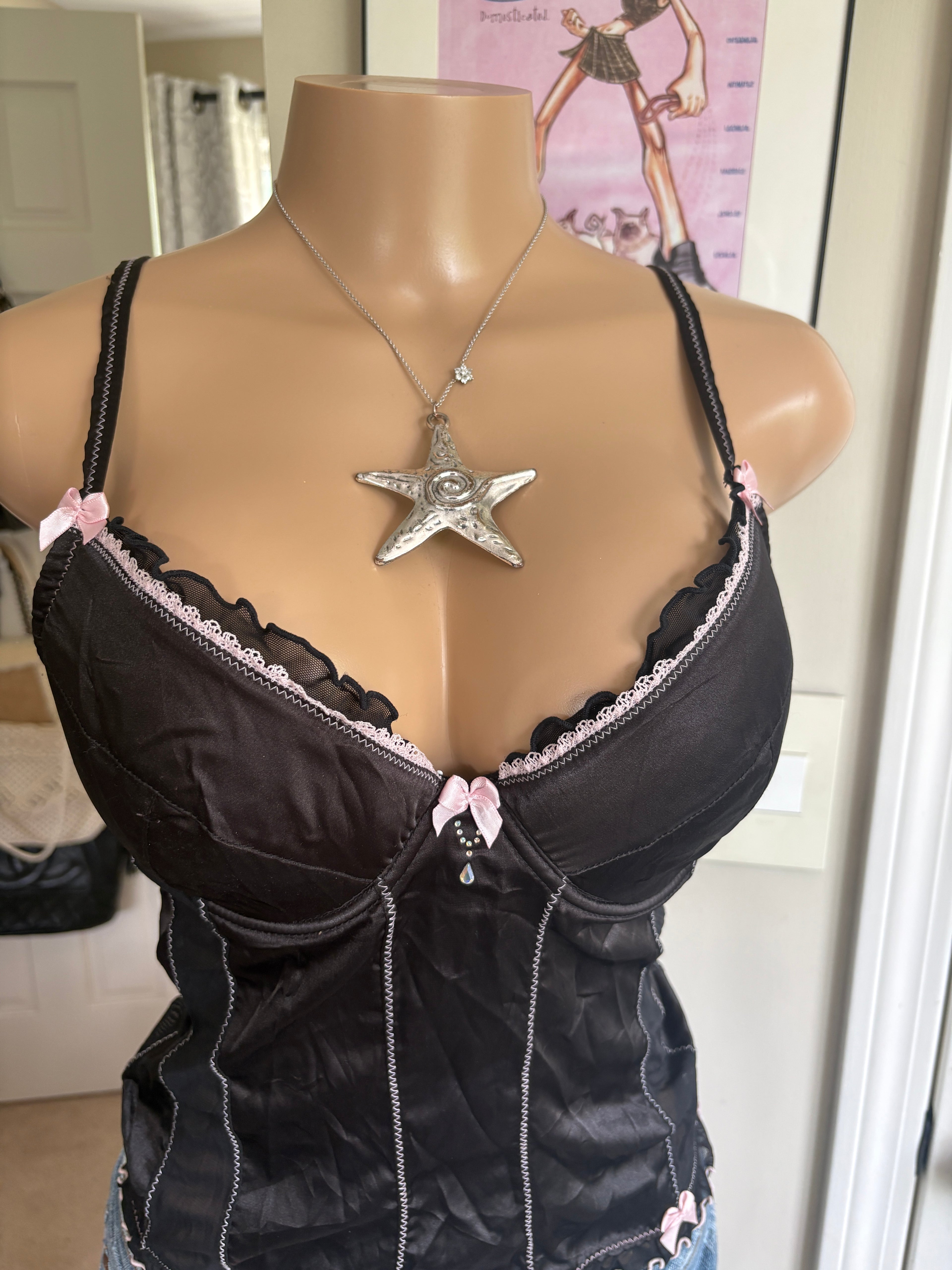 00s black & pink bow bustier corset top (size 36C)