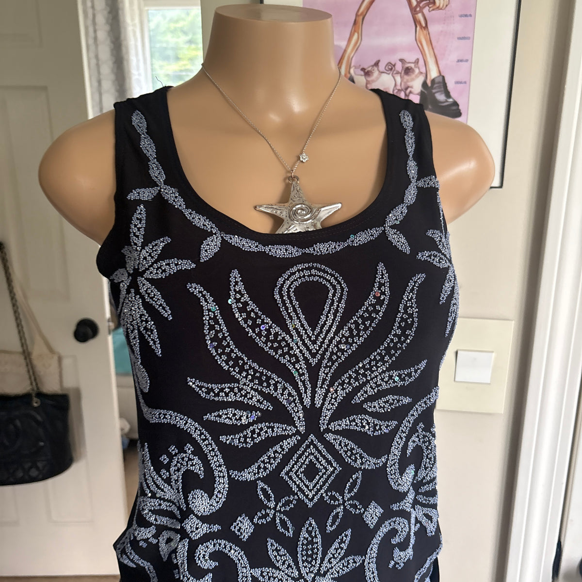 00s black & silver floral tank top (size L)