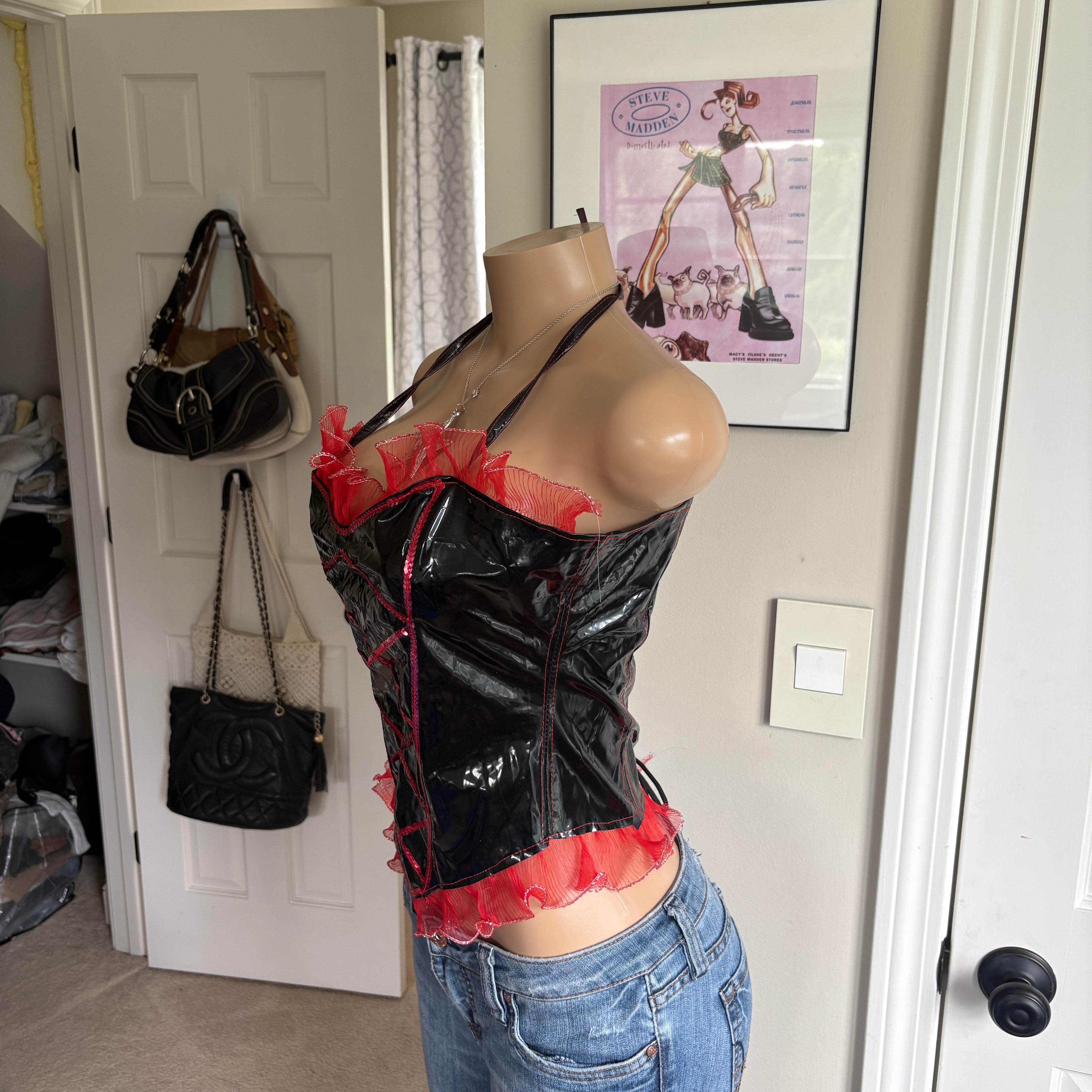 00s black & red latex corset halter top (size M)