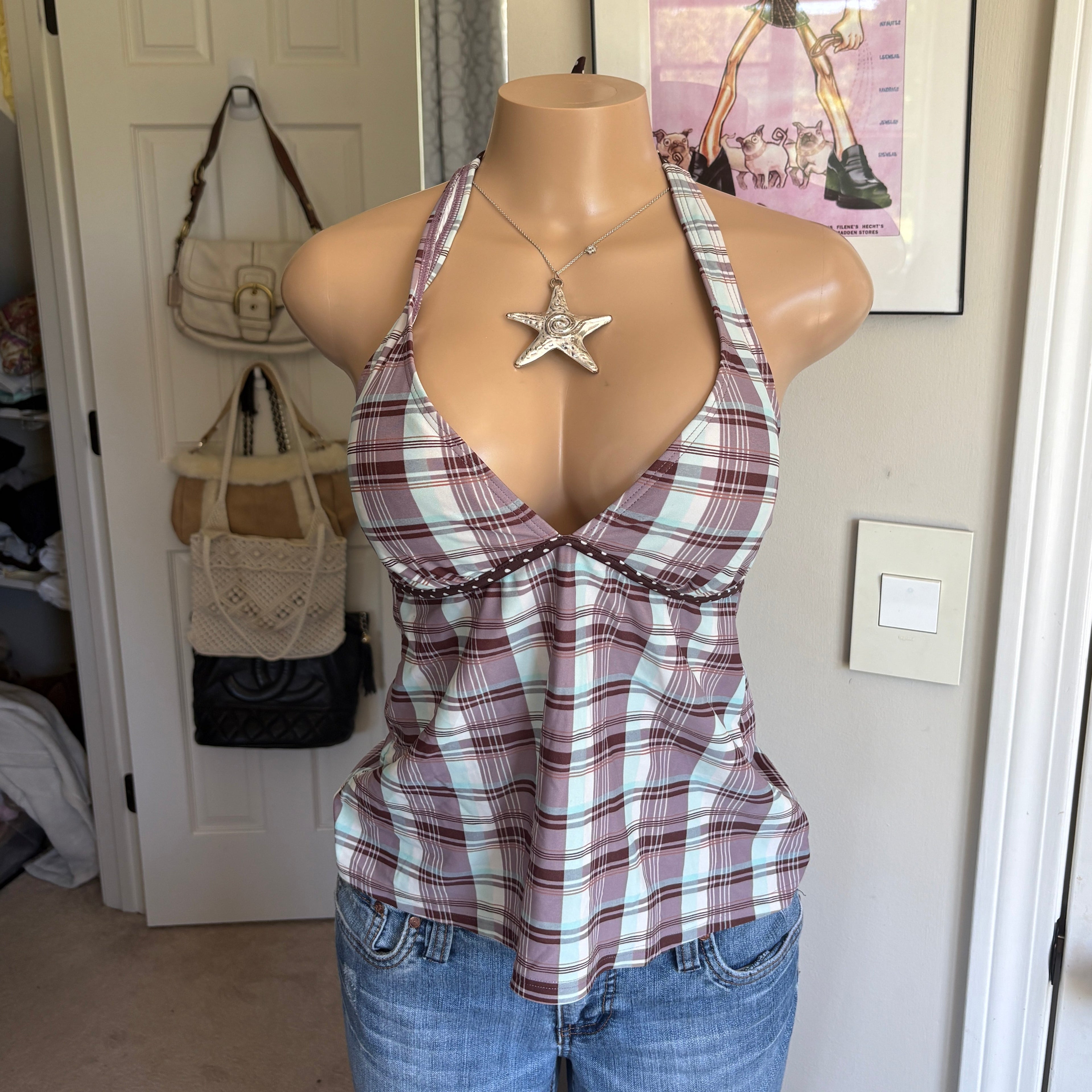 00s Venice Beach plaid v neck halter top (size S/M)
