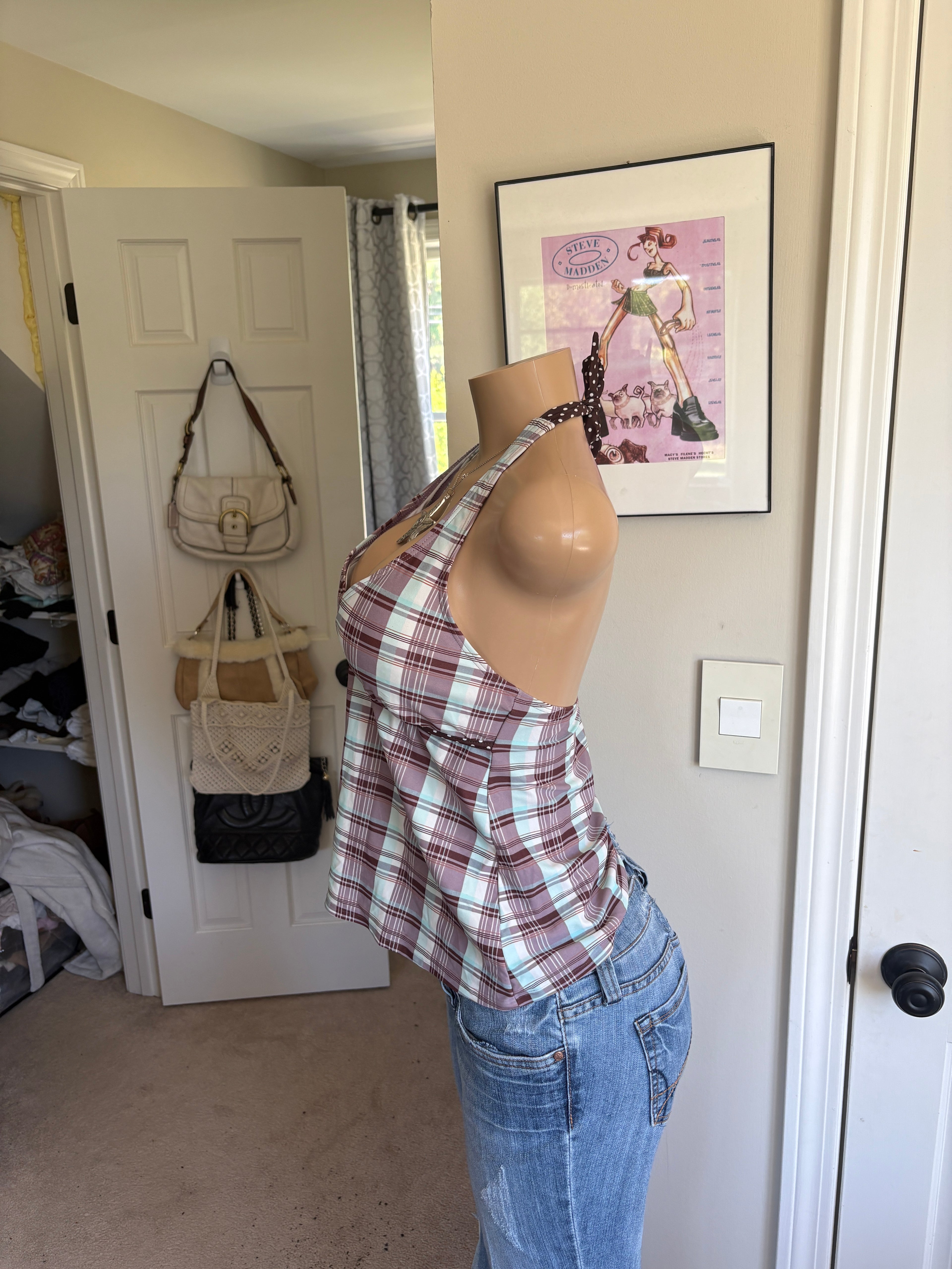 00s Venice Beach plaid v neck halter top (size S/M)