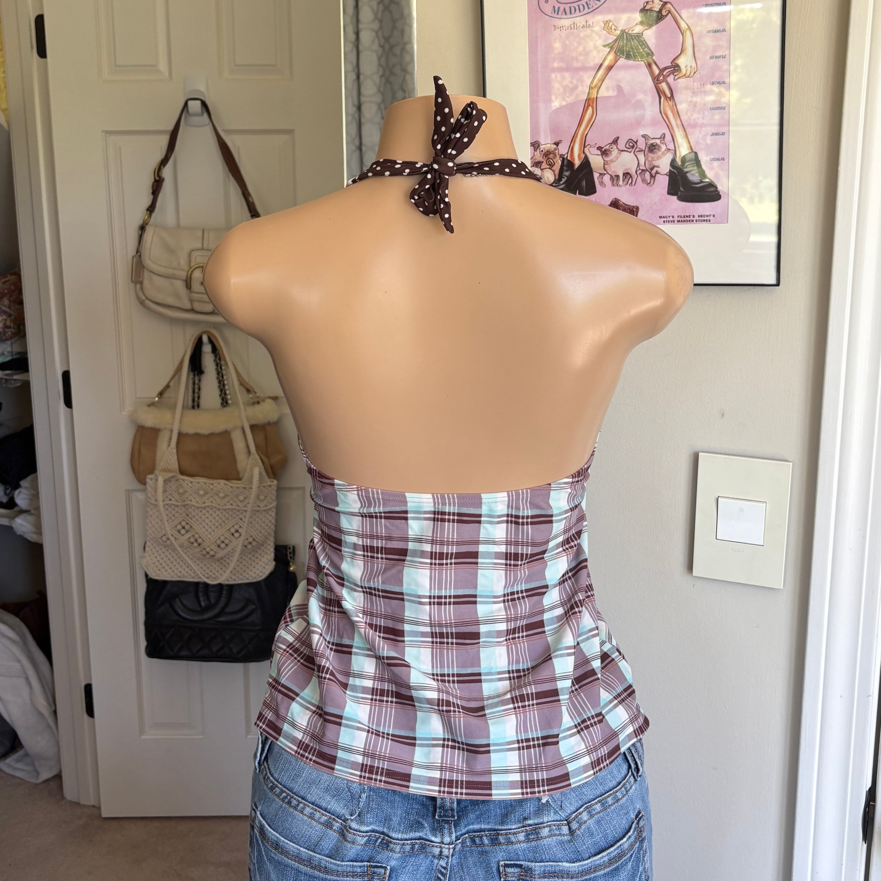 00s Venice Beach plaid v neck halter top (size S/M)