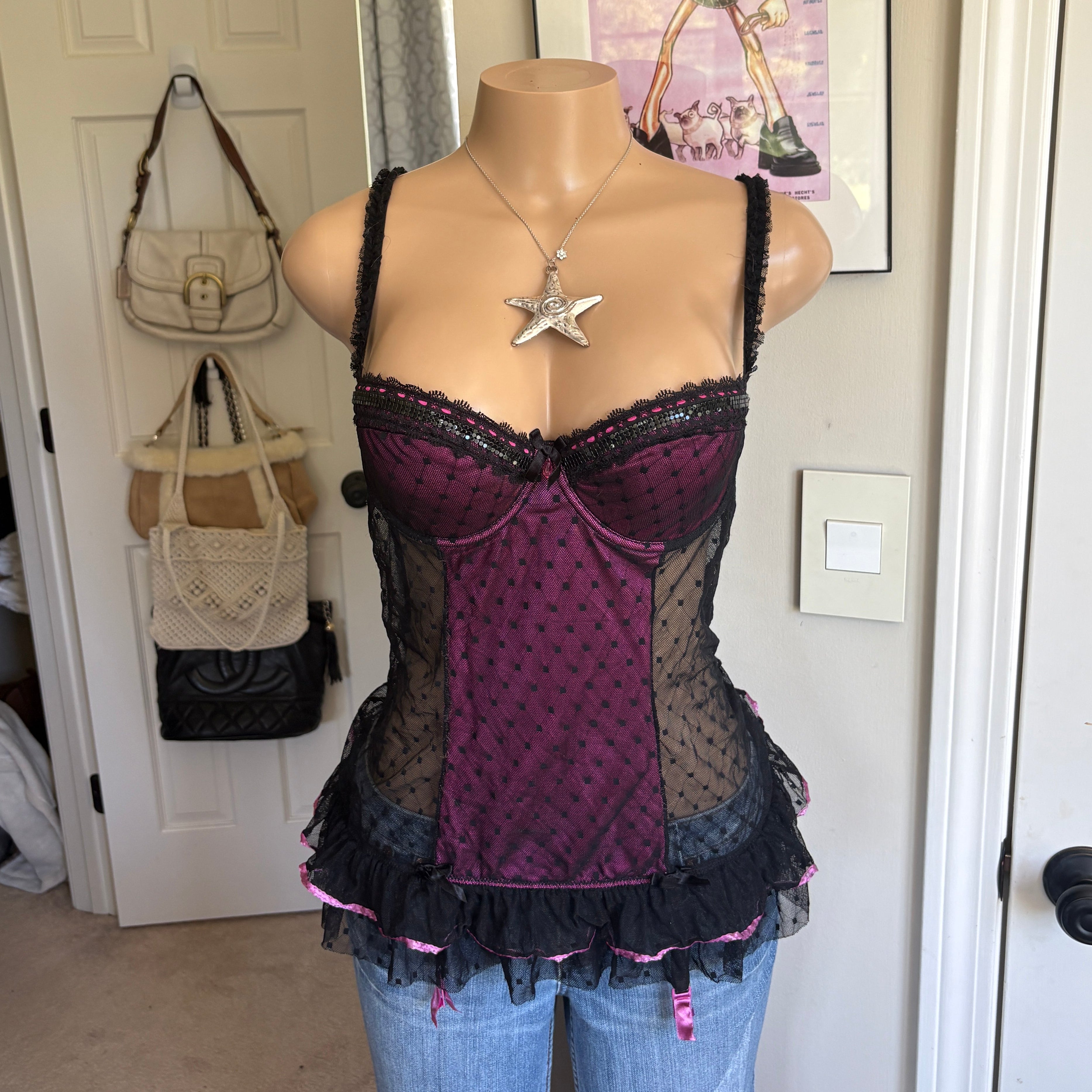 00s Ann Summers pink & black polka dot mesh corset bustier top (size M)