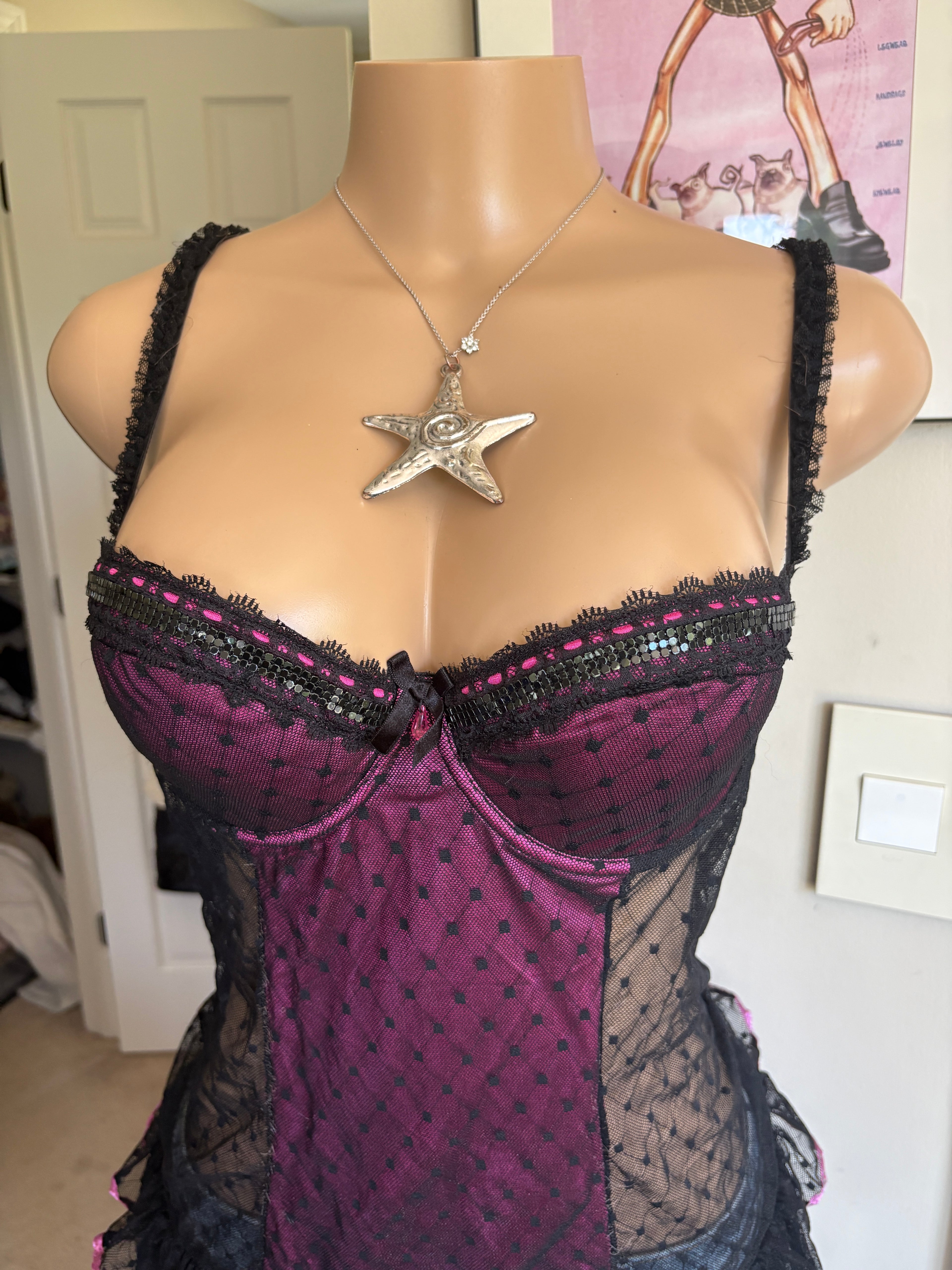 00s Ann Summers pink & black polka dot mesh corset bustier top (size M)