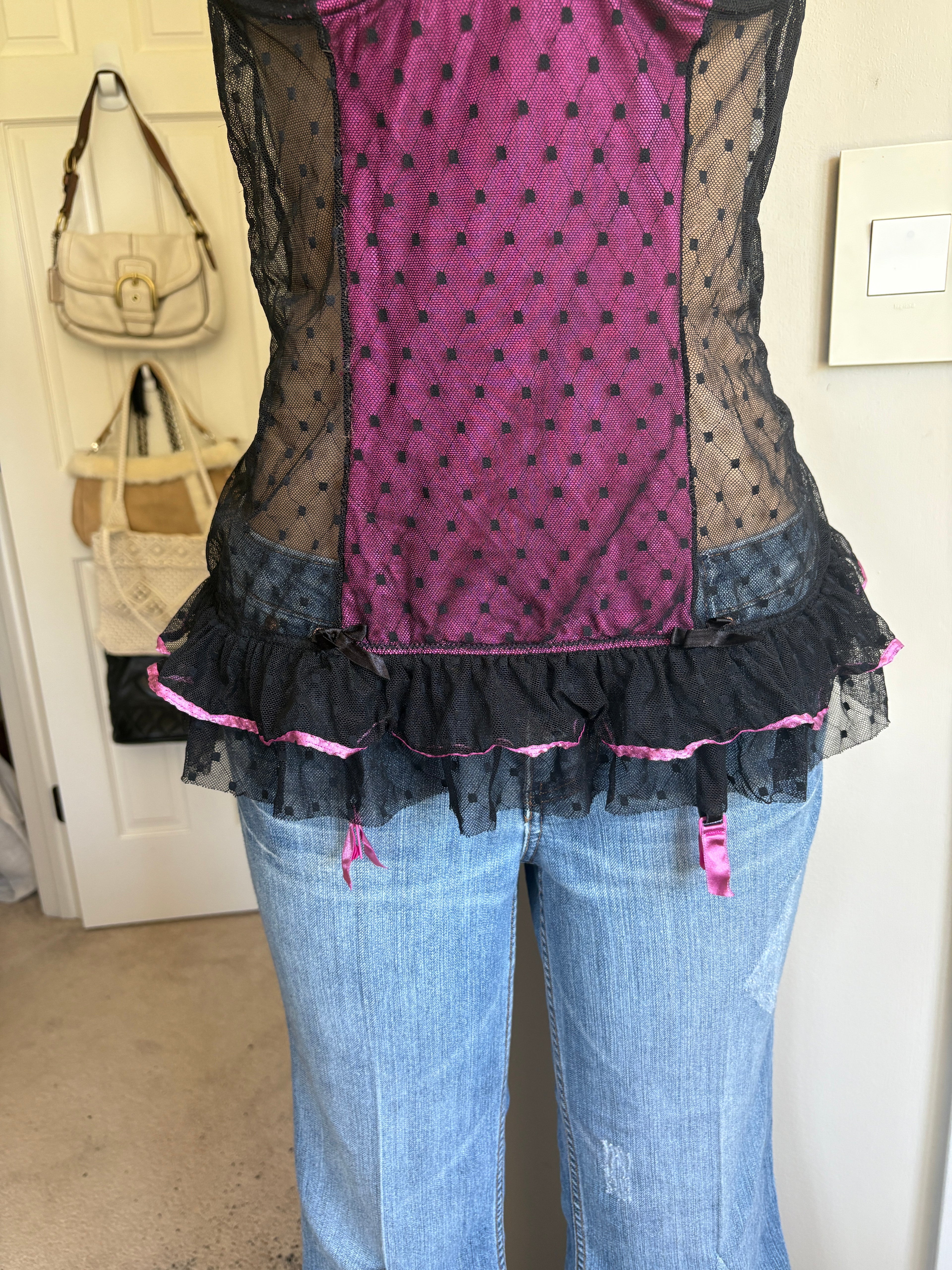 00s Ann Summers pink & black polka dot mesh corset bustier top (size M)