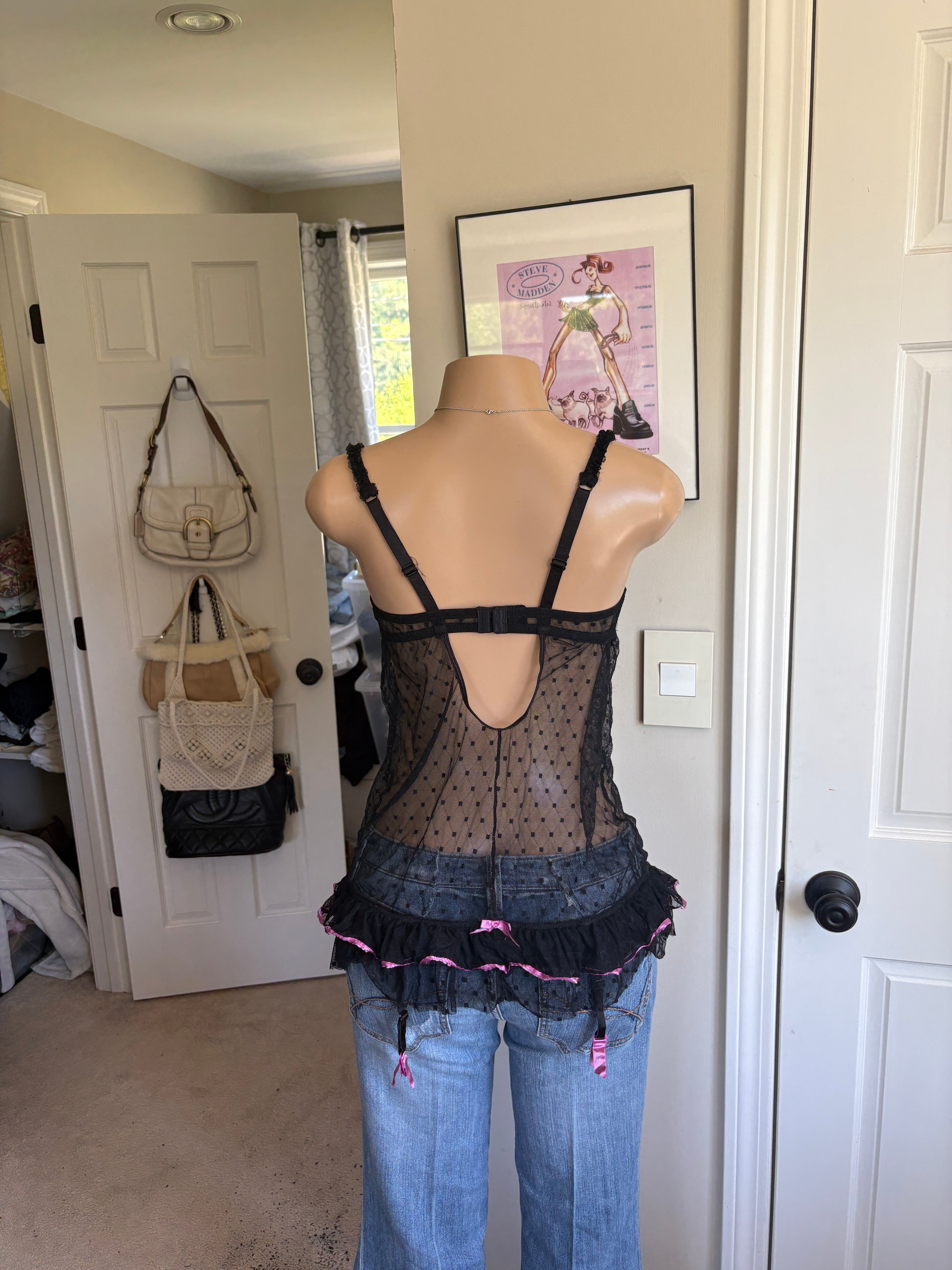 00s Ann Summers pink & black polka dot mesh corset bustier top (size M)