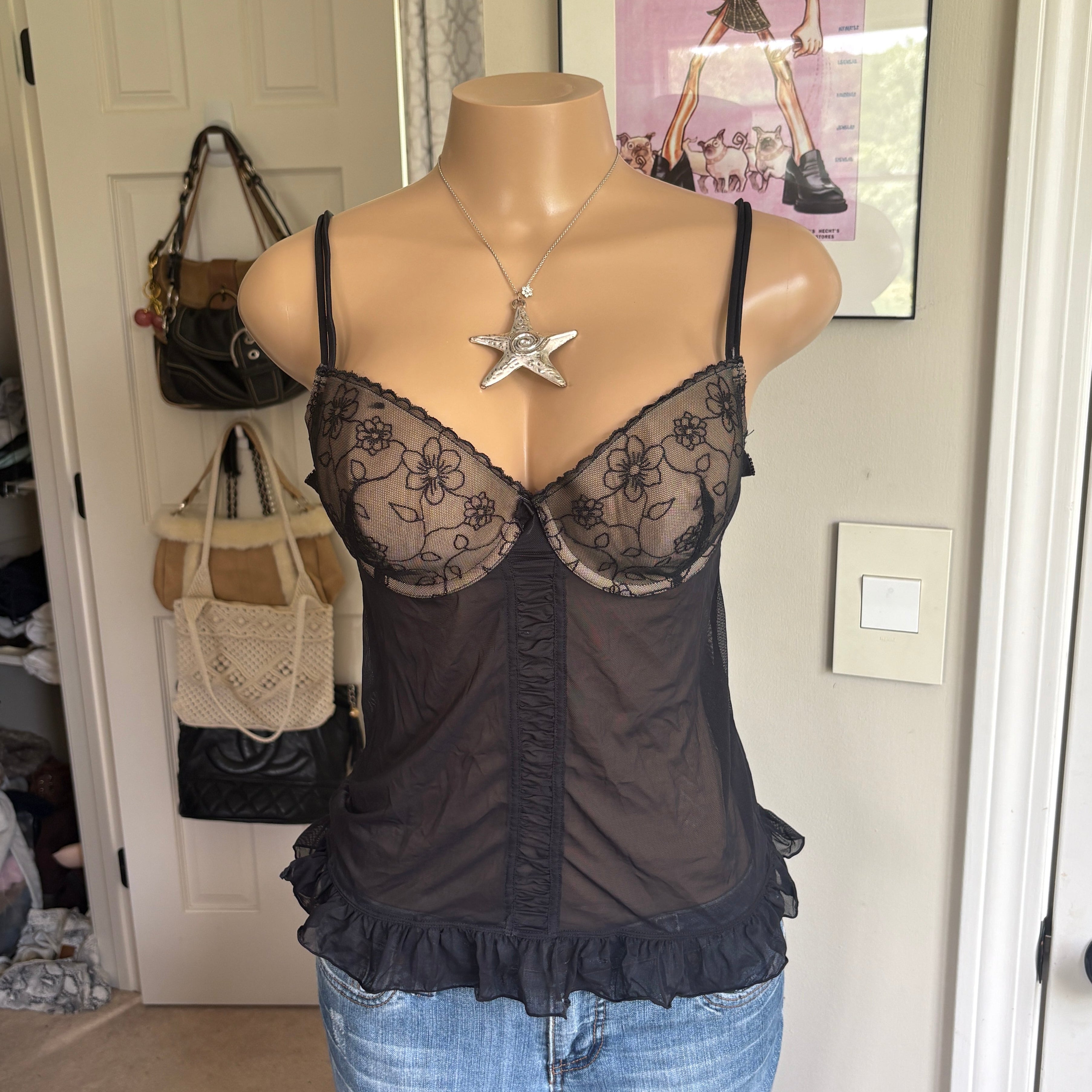 00s black floral lingerie corset top (size M)