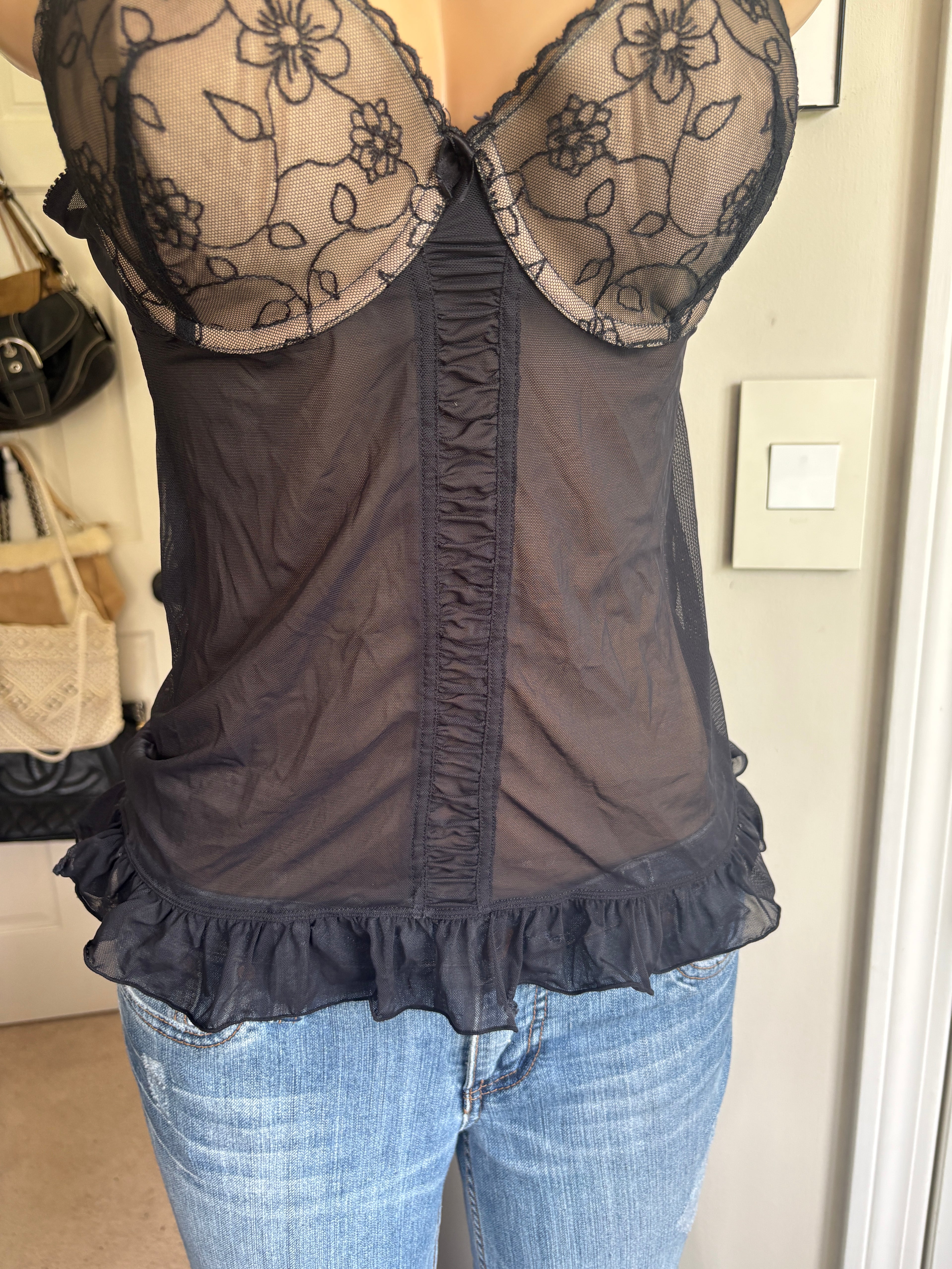 00s black floral lingerie corset top (size M)