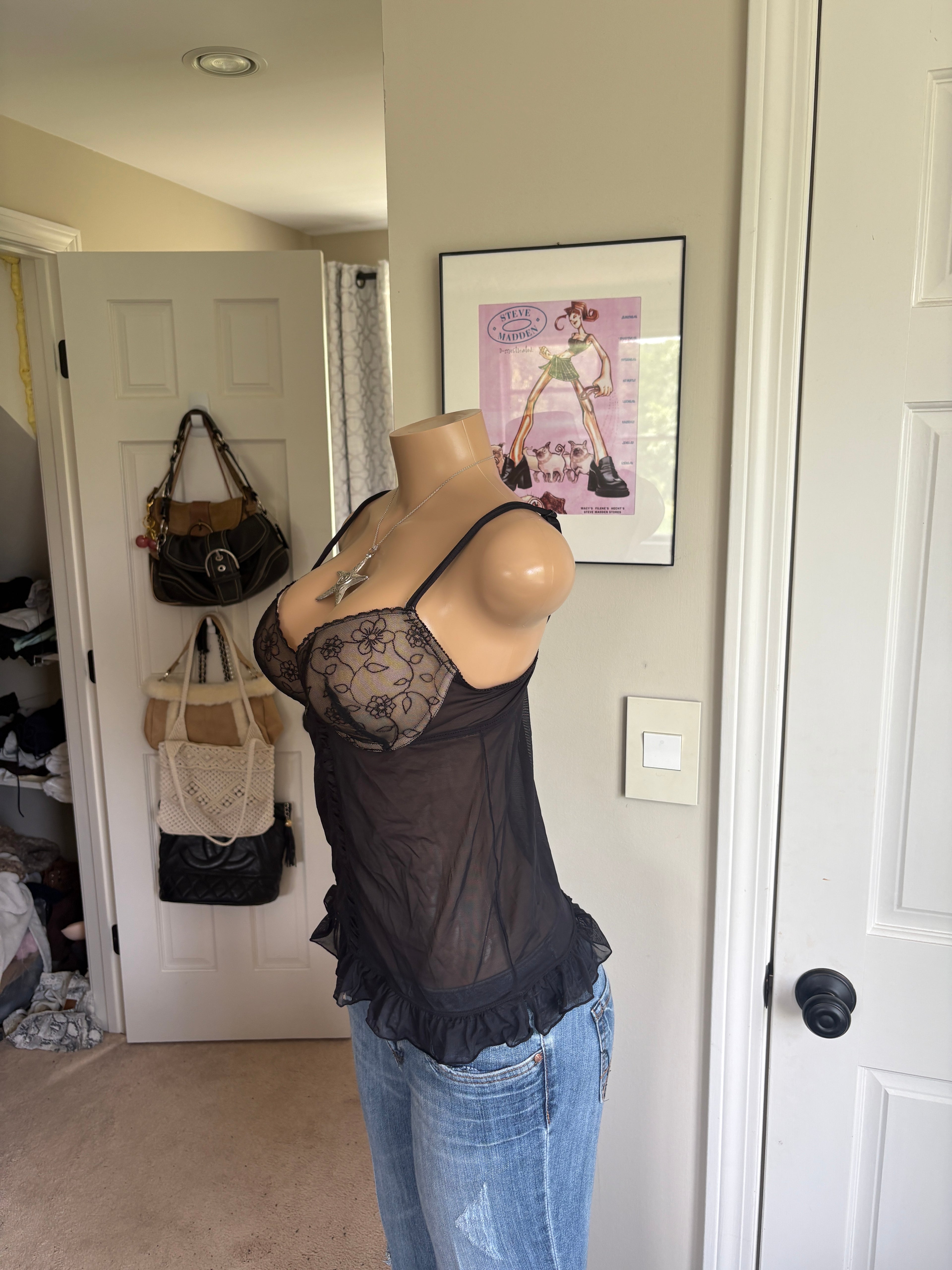 00s black floral lingerie corset top (size M)
