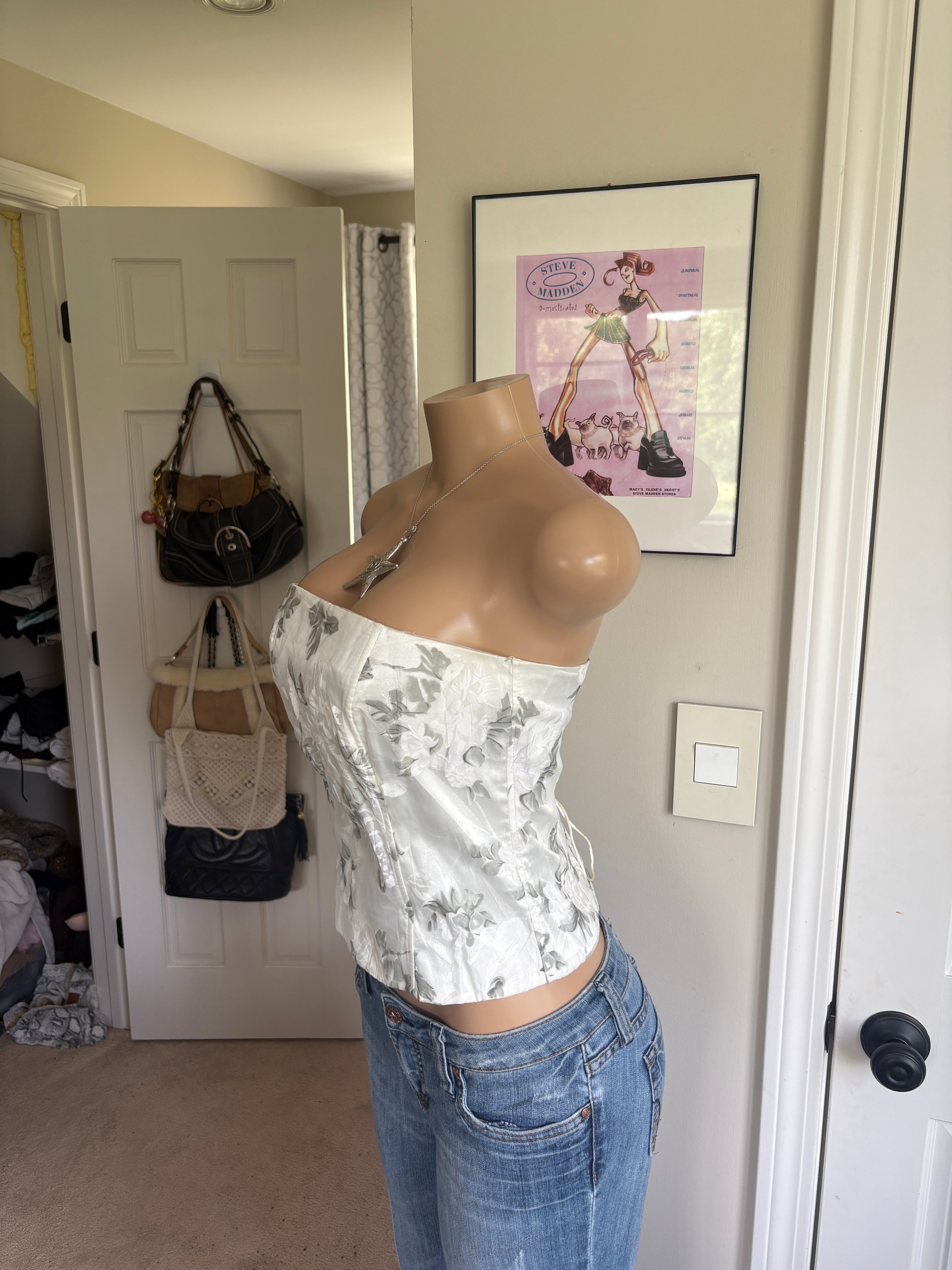00s white floral strapless corset top (size S/M)