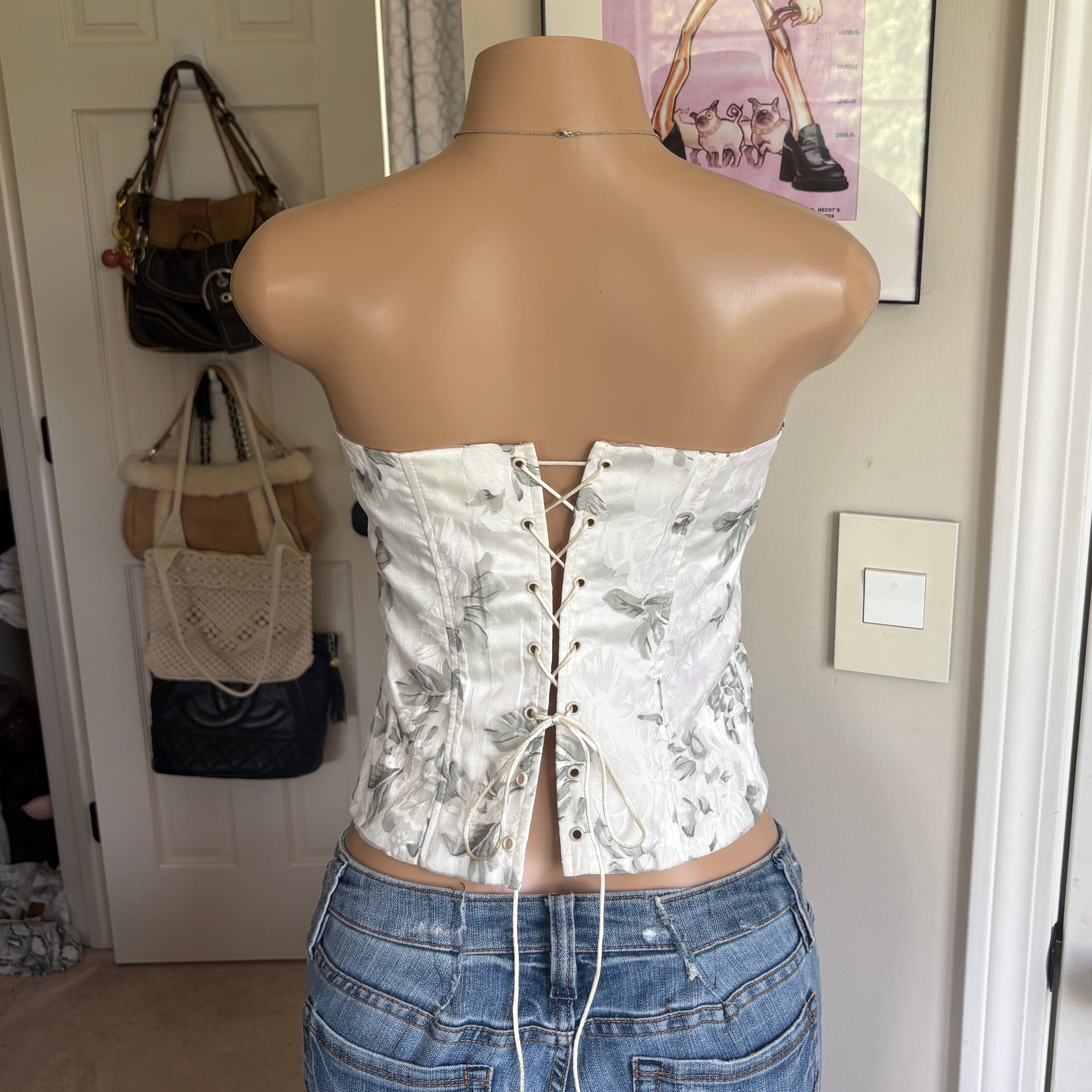 00s white floral strapless corset top (size S/M)