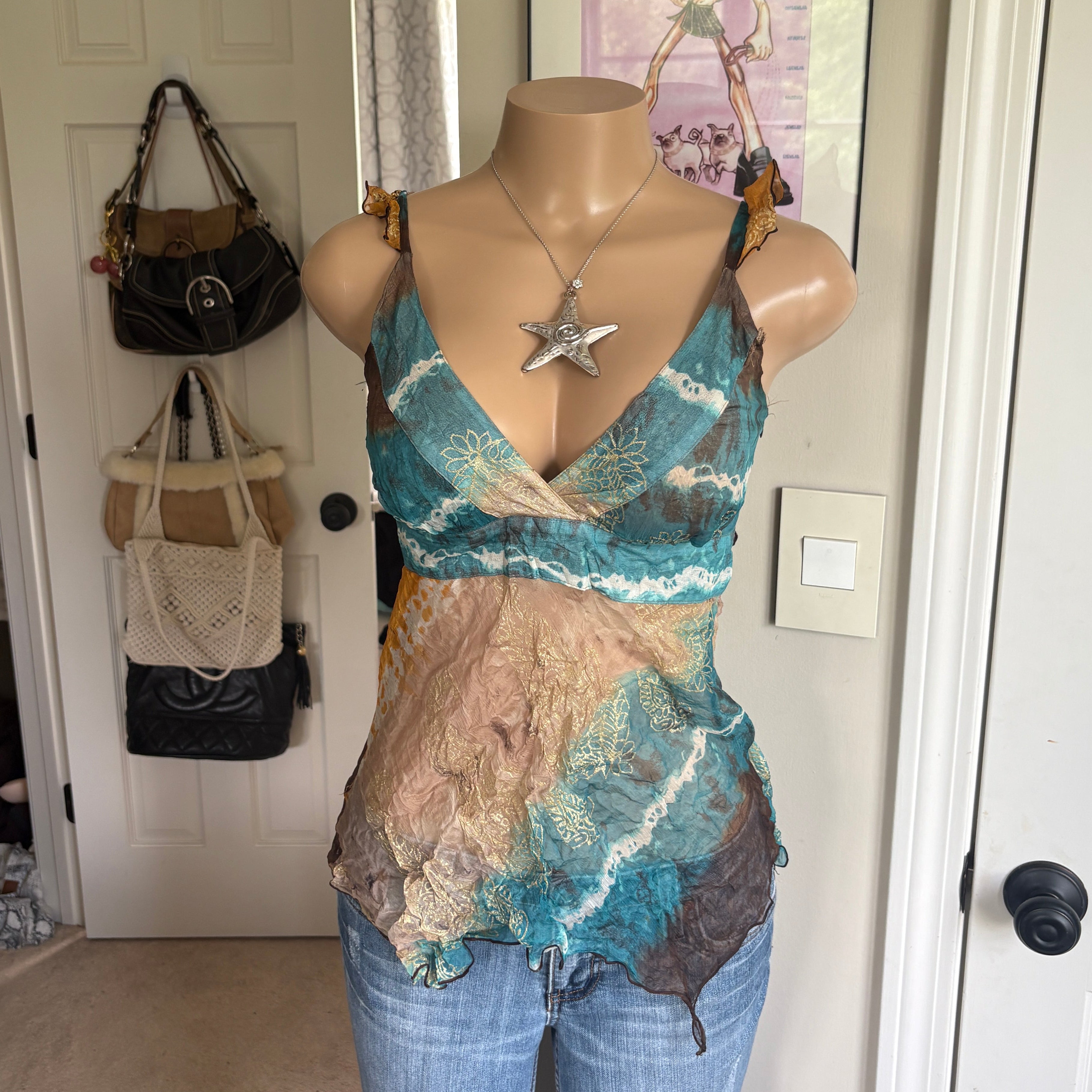 00s Ette Lou fairy multi colored silk tie back tank top (size S/M)