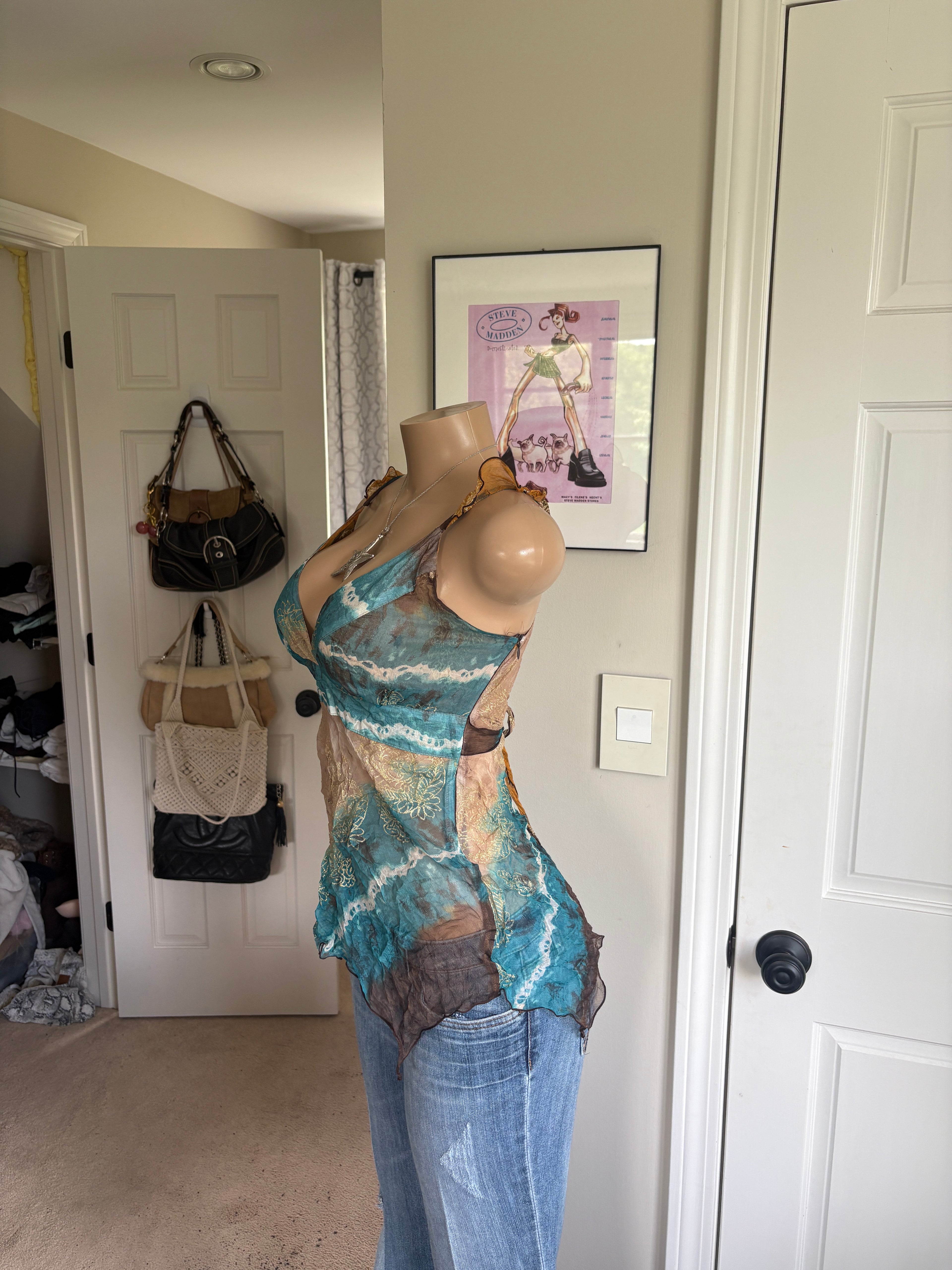 00s Ette Lou fairy multi colored silk tie back tank top (size S/M)