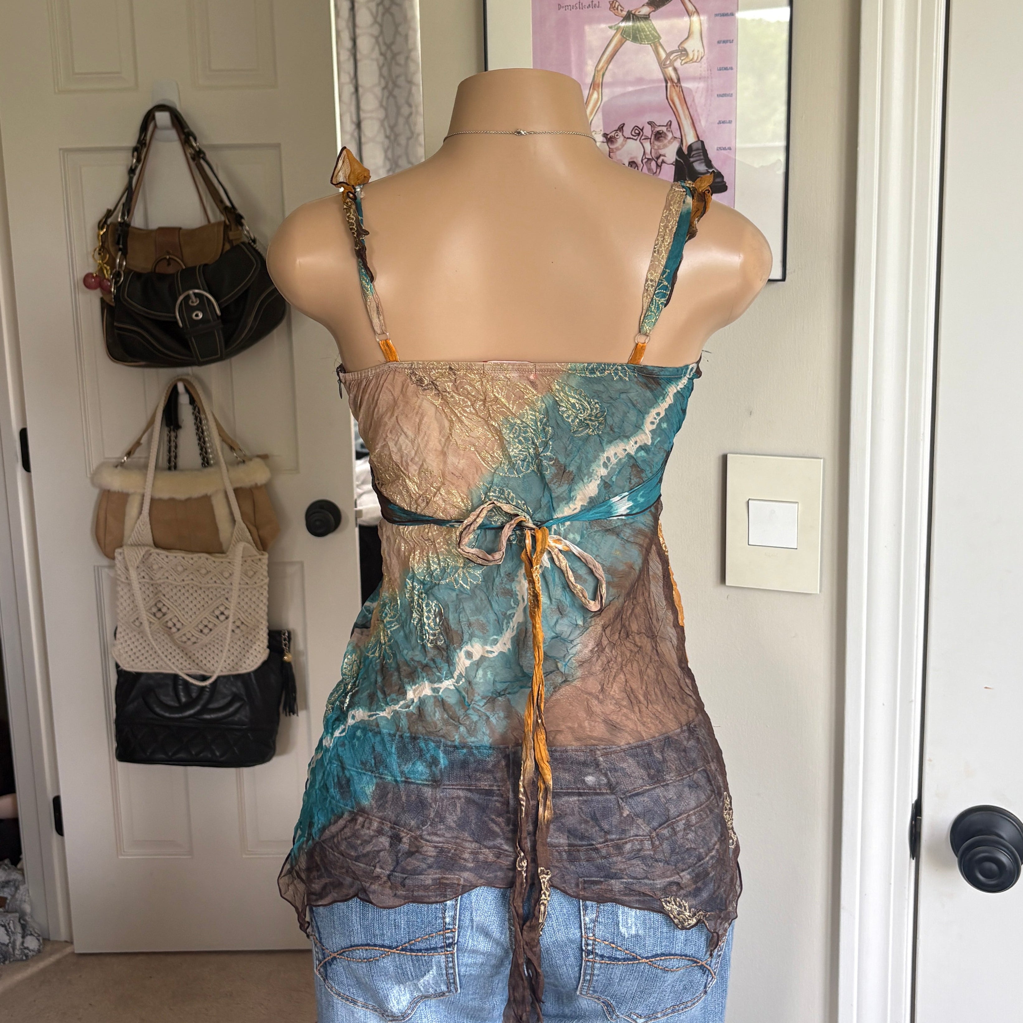 00s Ette Lou fairy multi colored silk tie back tank top (size S/M)