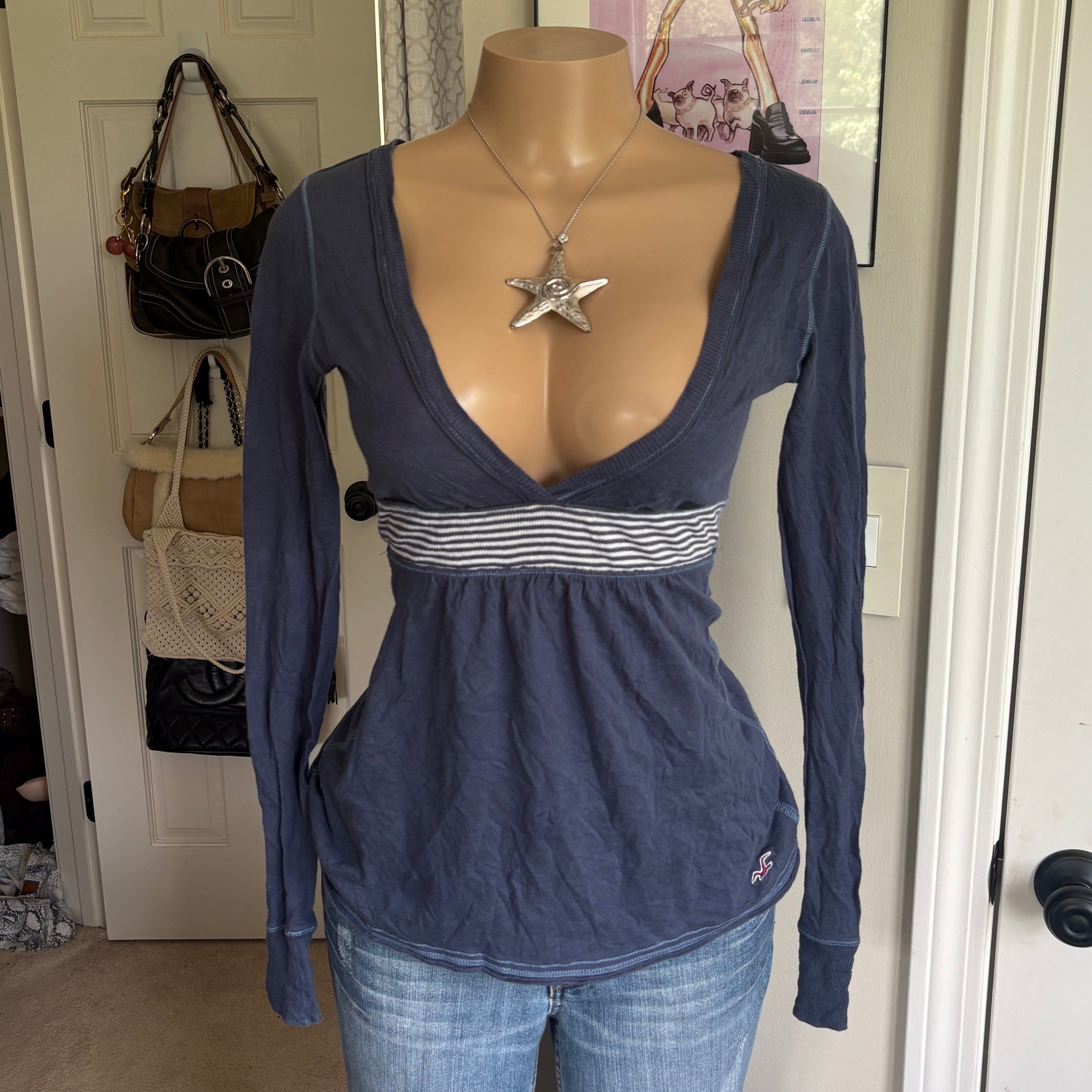 00s Hollister blue babydoll long sleeve top (size M)
