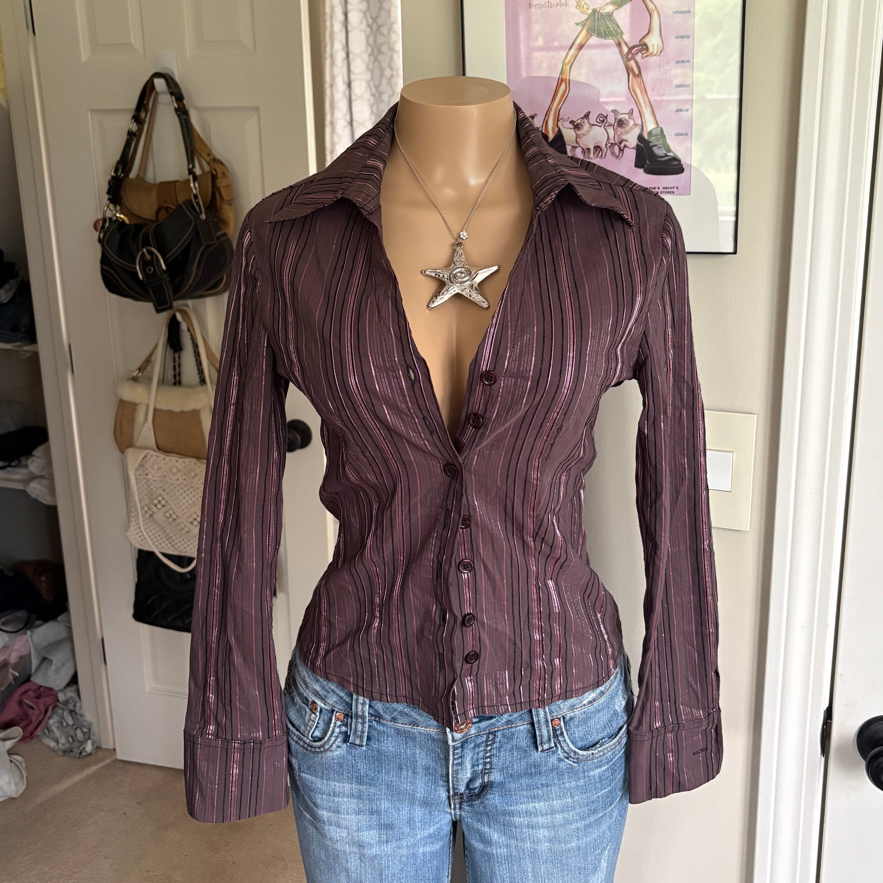 00s brown striped tailored button blouse (size S)