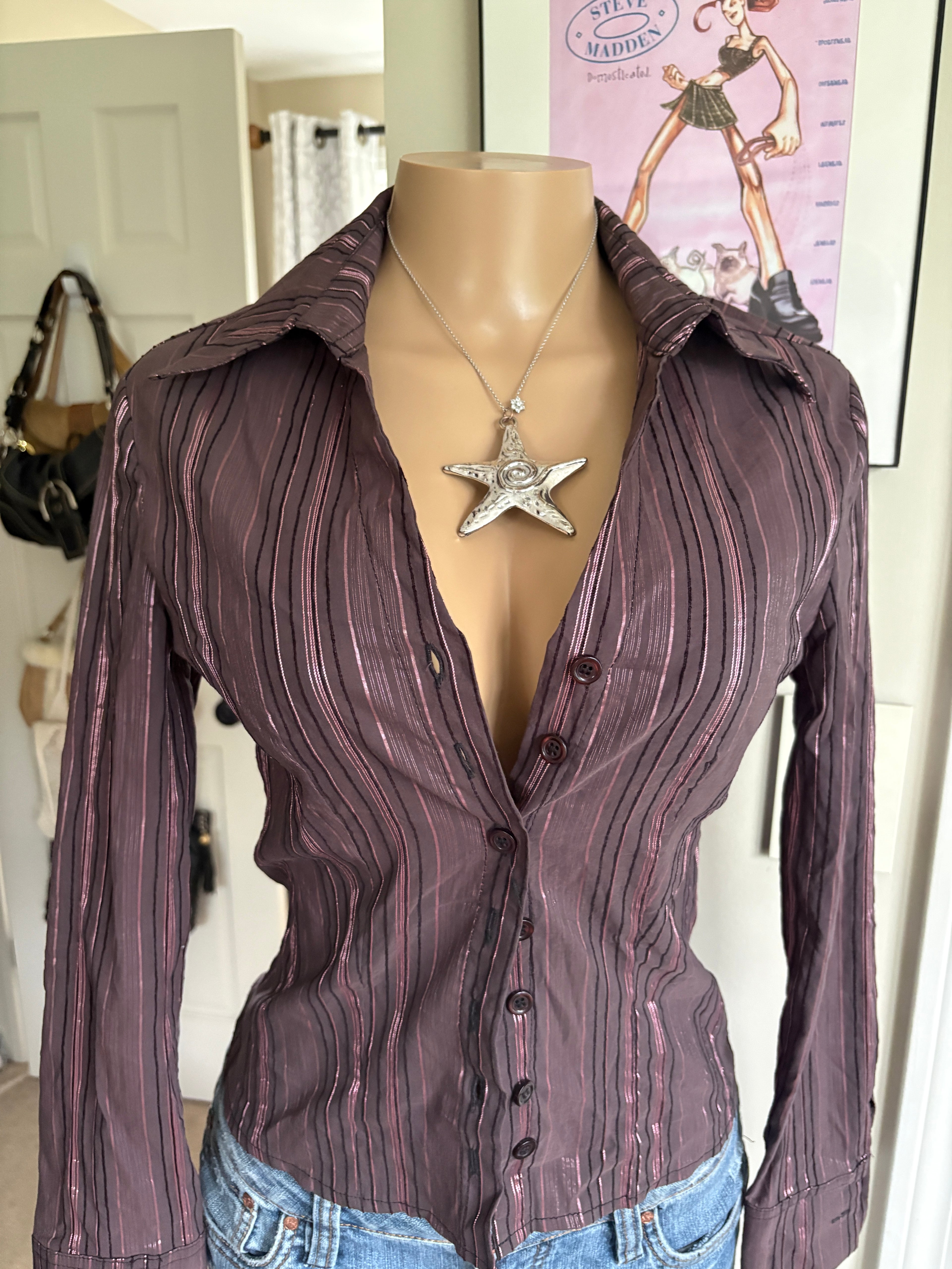 00s brown striped tailored button blouse (size S)