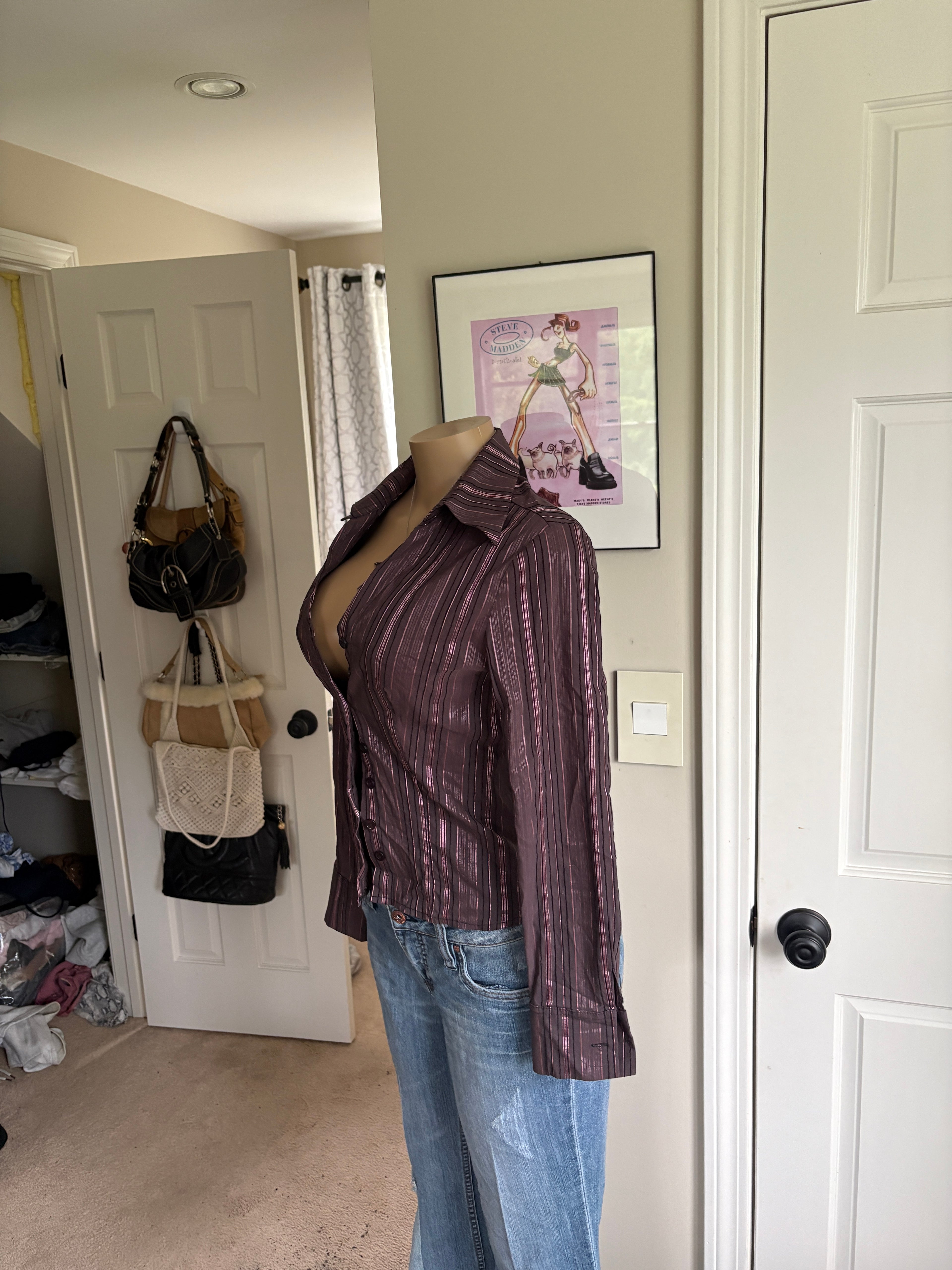 00s brown striped tailored button blouse (size S)