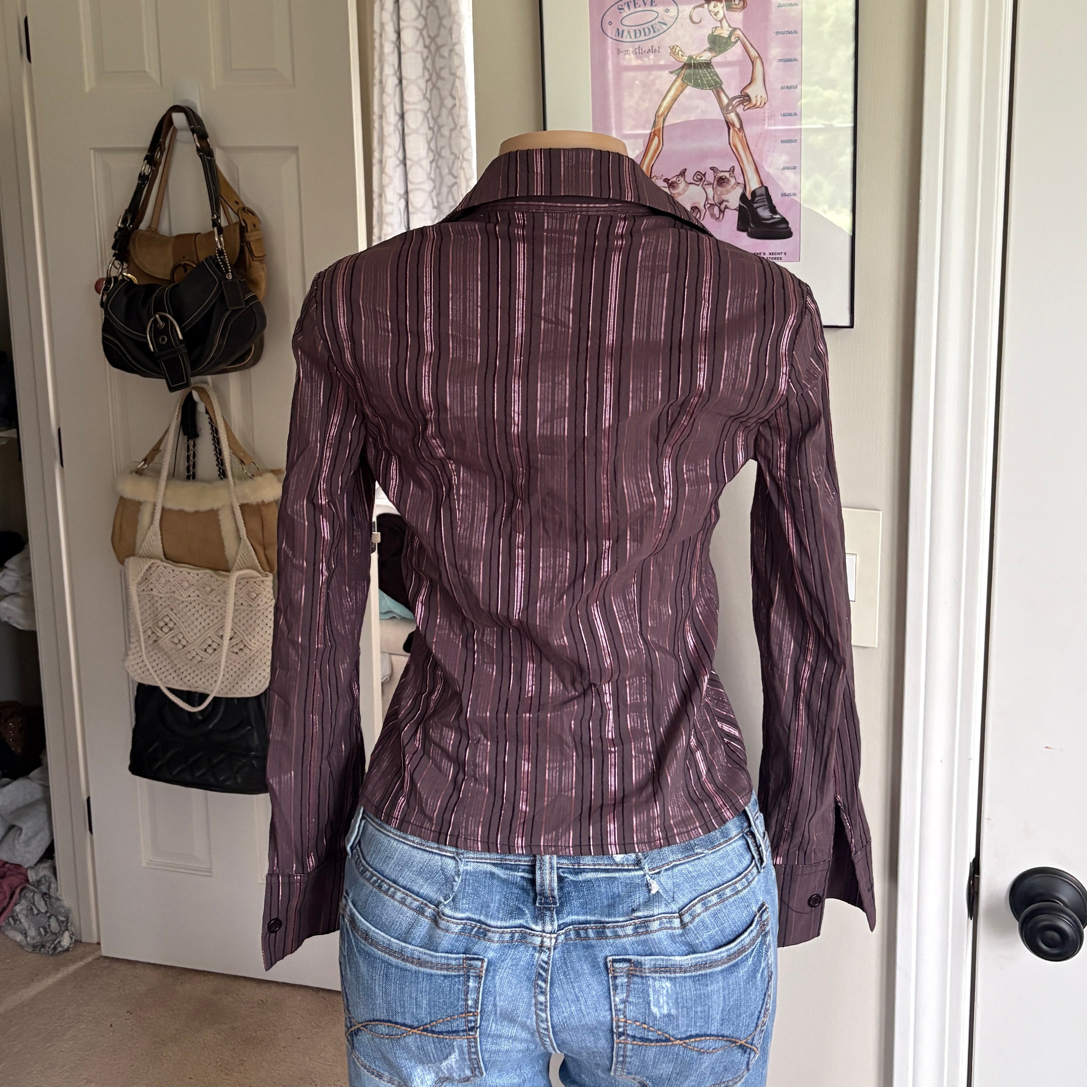 00s brown striped tailored button blouse (size S)