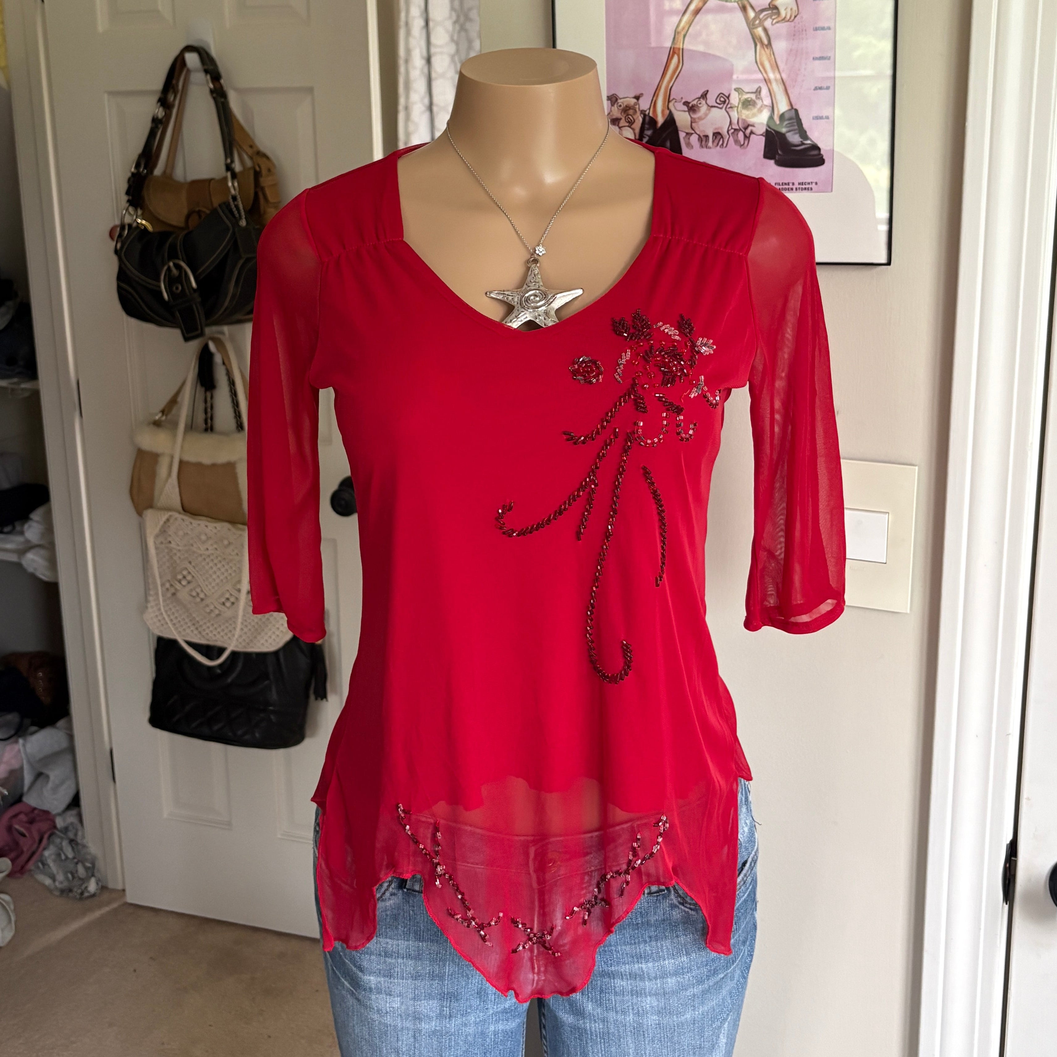00s red floral beaded top (size M)