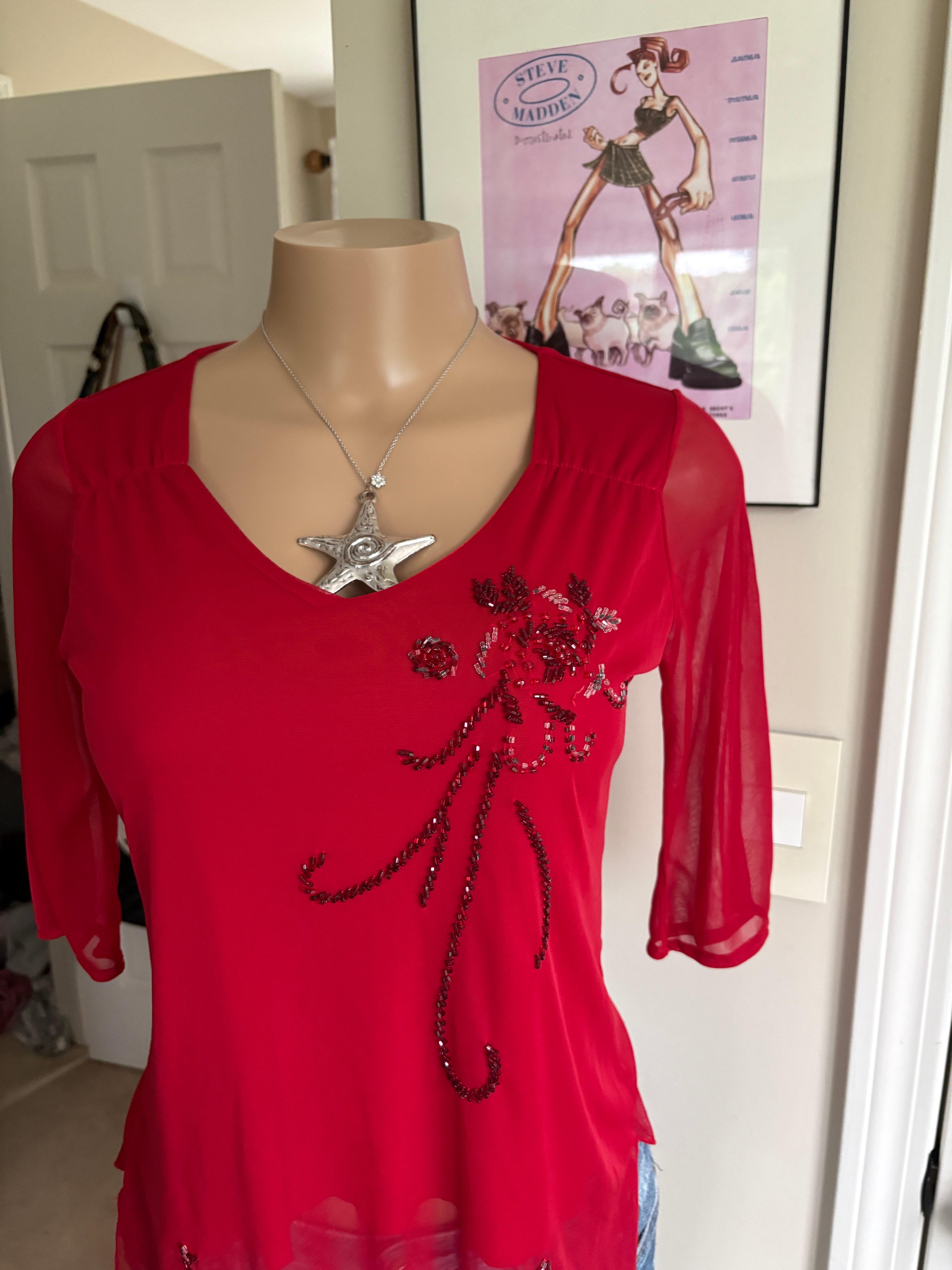 00s red floral beaded top (size M)