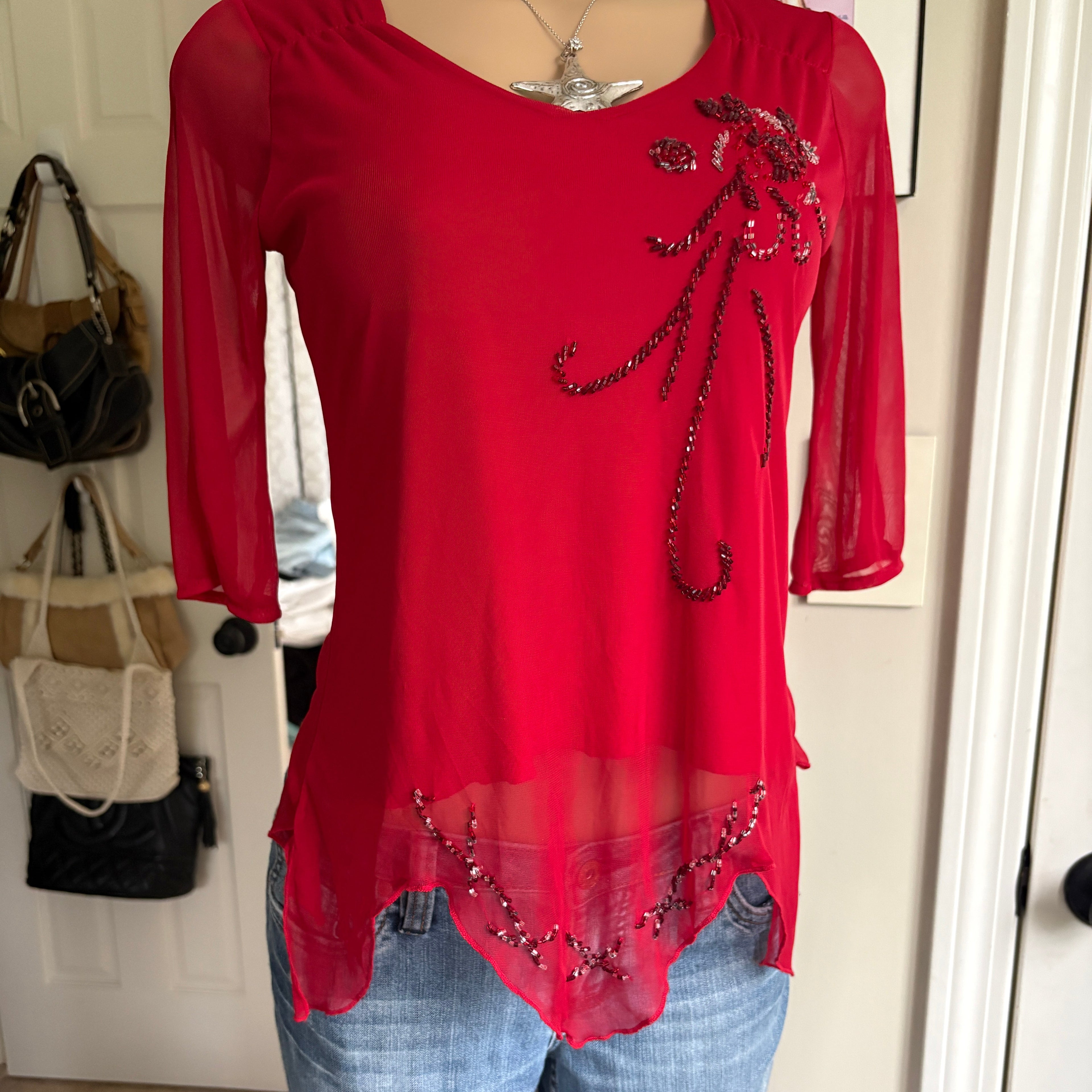 00s red floral beaded top (size M)