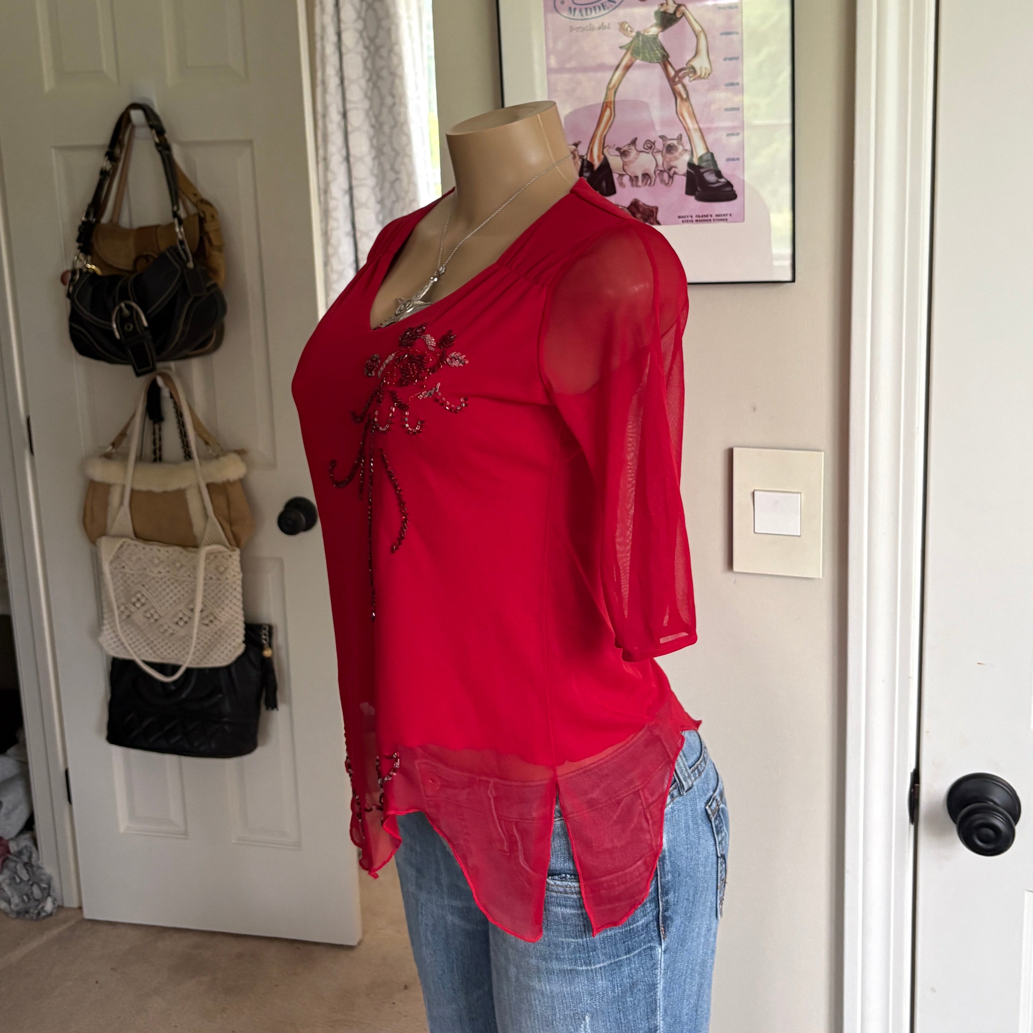 00s red floral beaded top (size M)