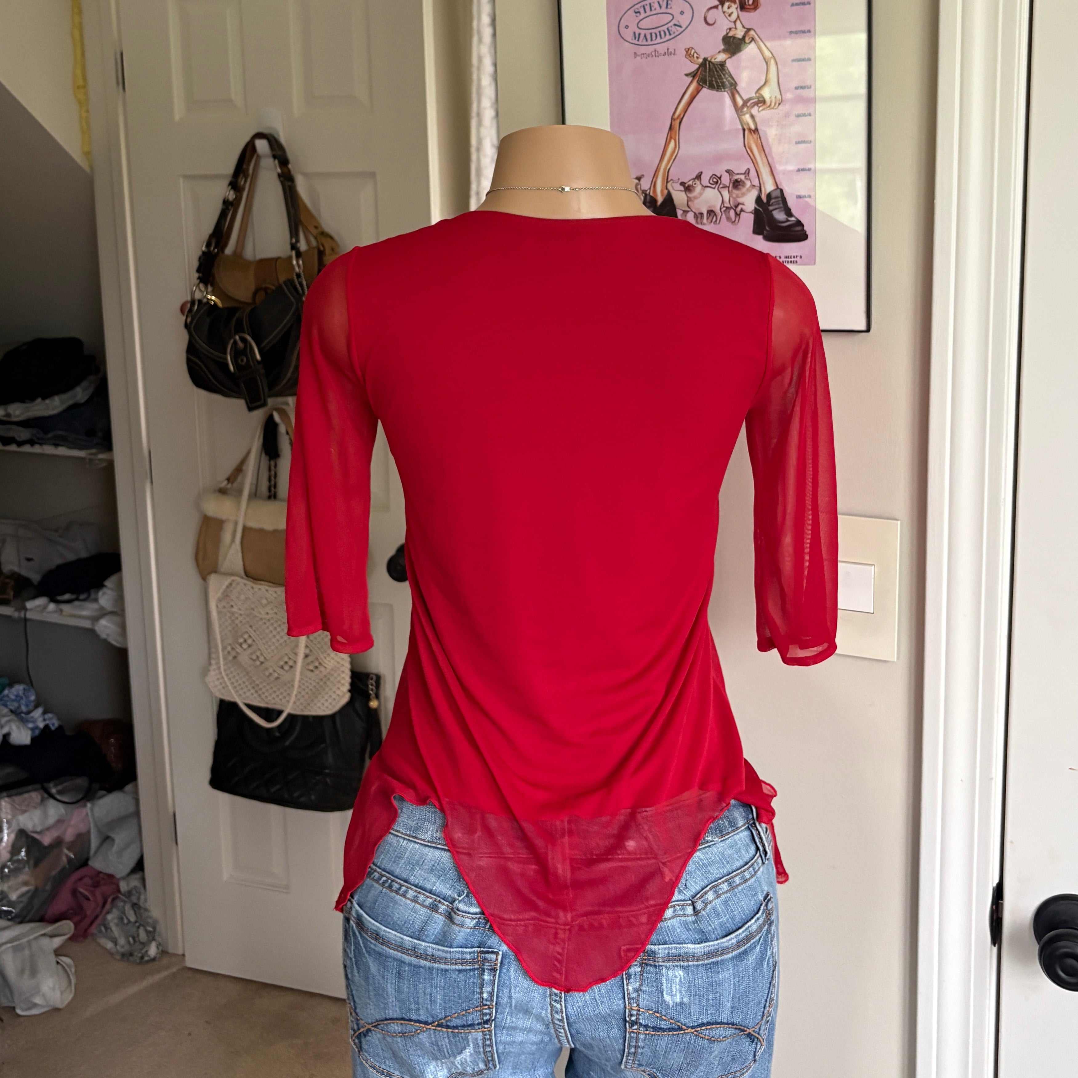 00s red floral beaded top (size M)