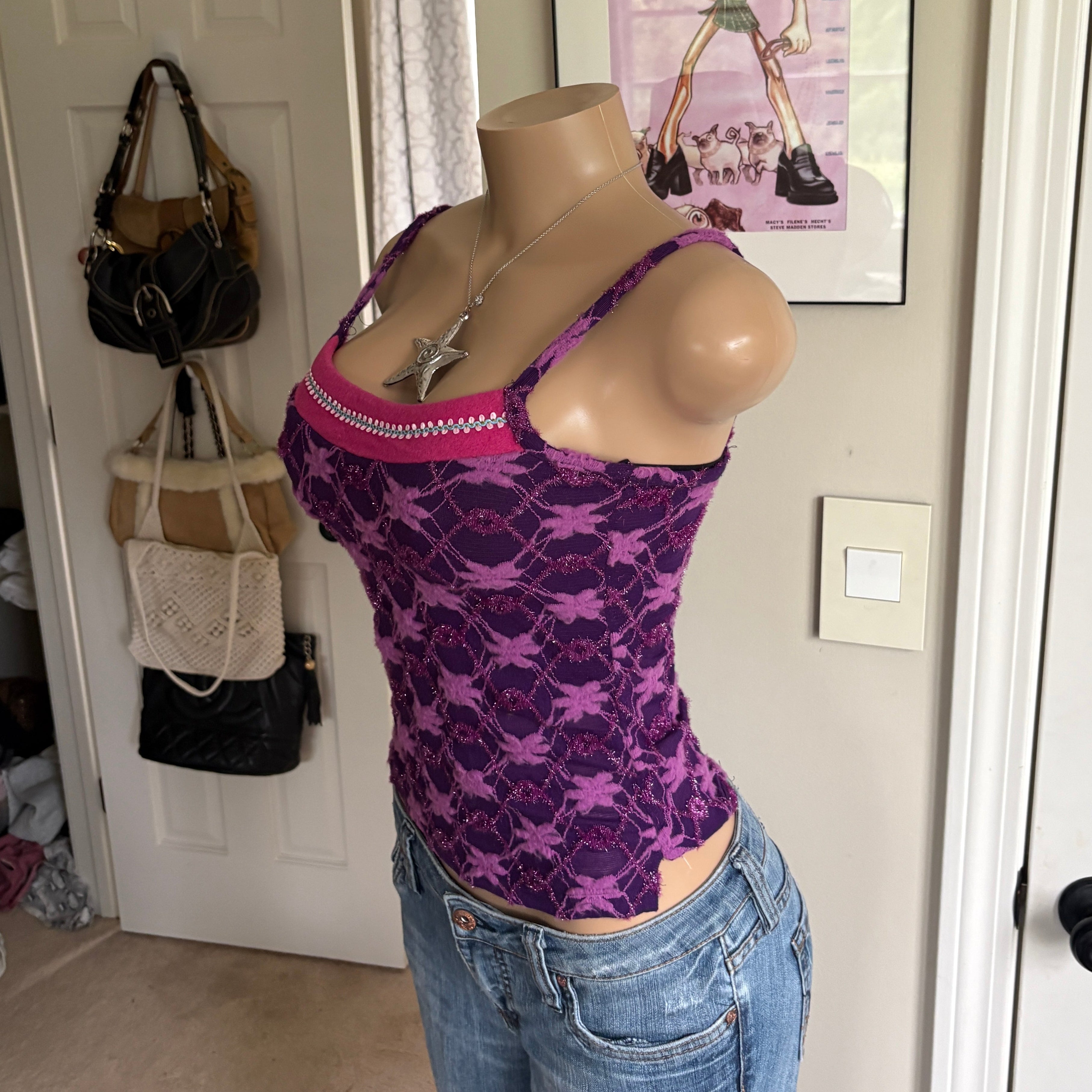 00s unique purple & pink floral tank top (size XS)