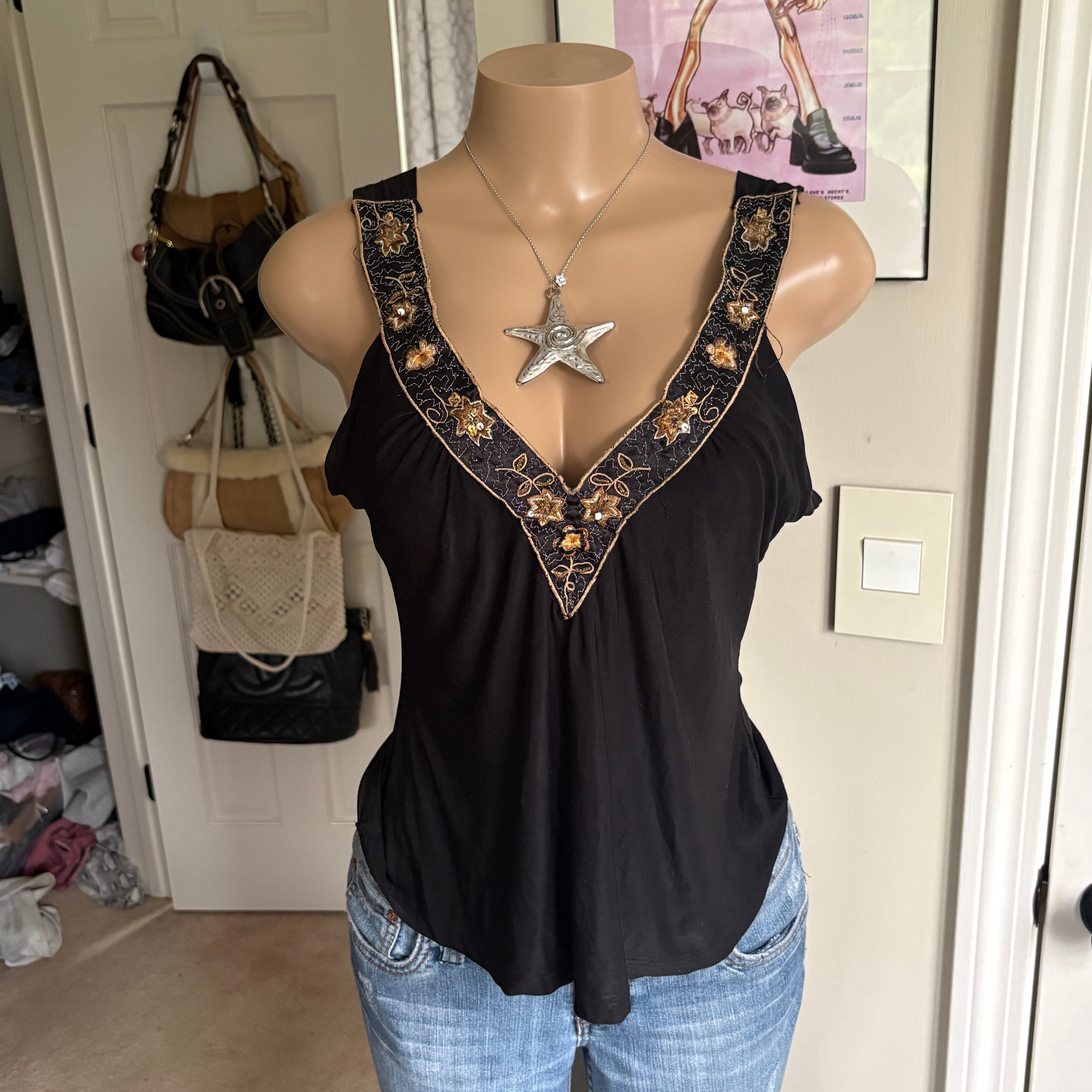 00s black floral beaded v neck tank top (size L)