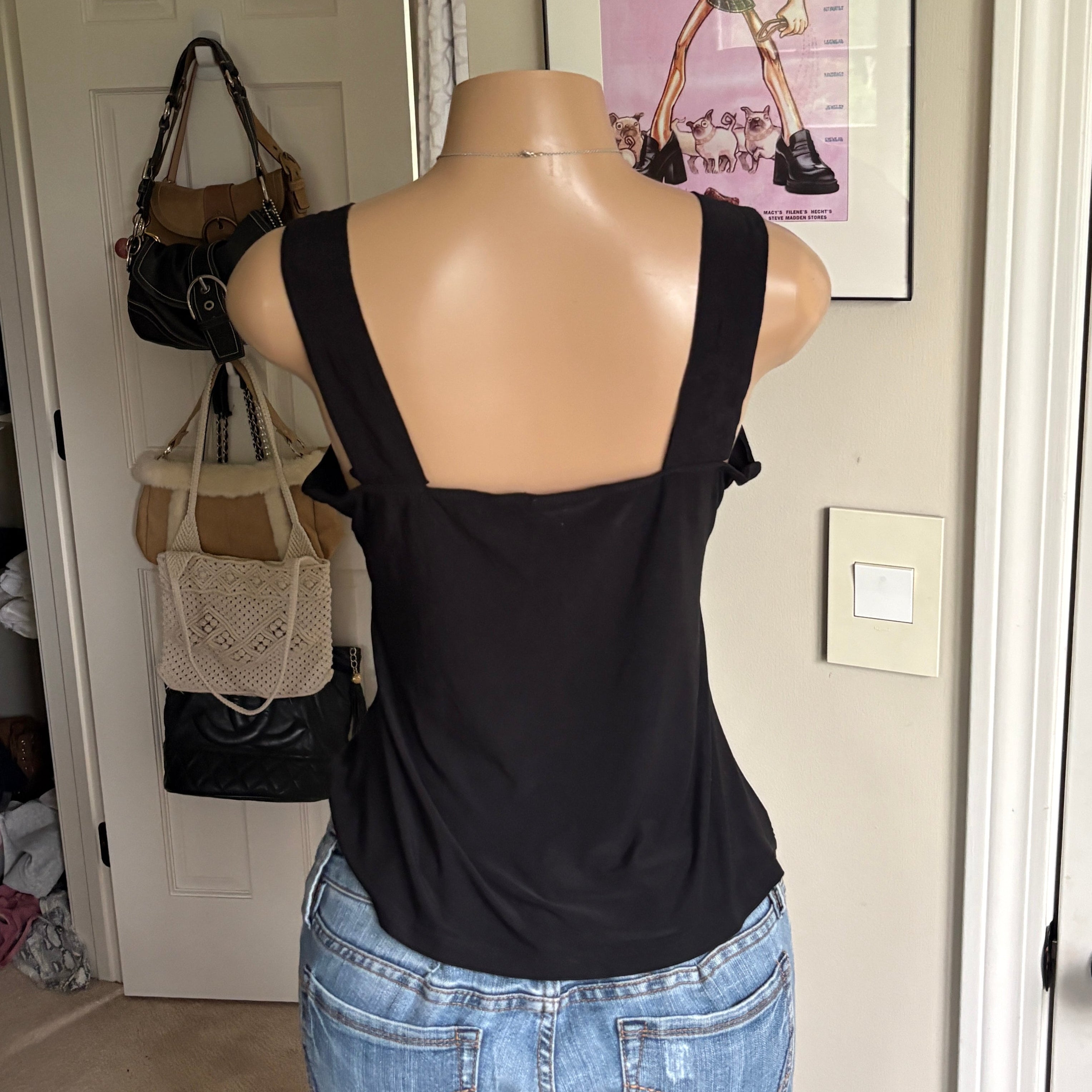 00s black floral beaded v neck tank top (size L)