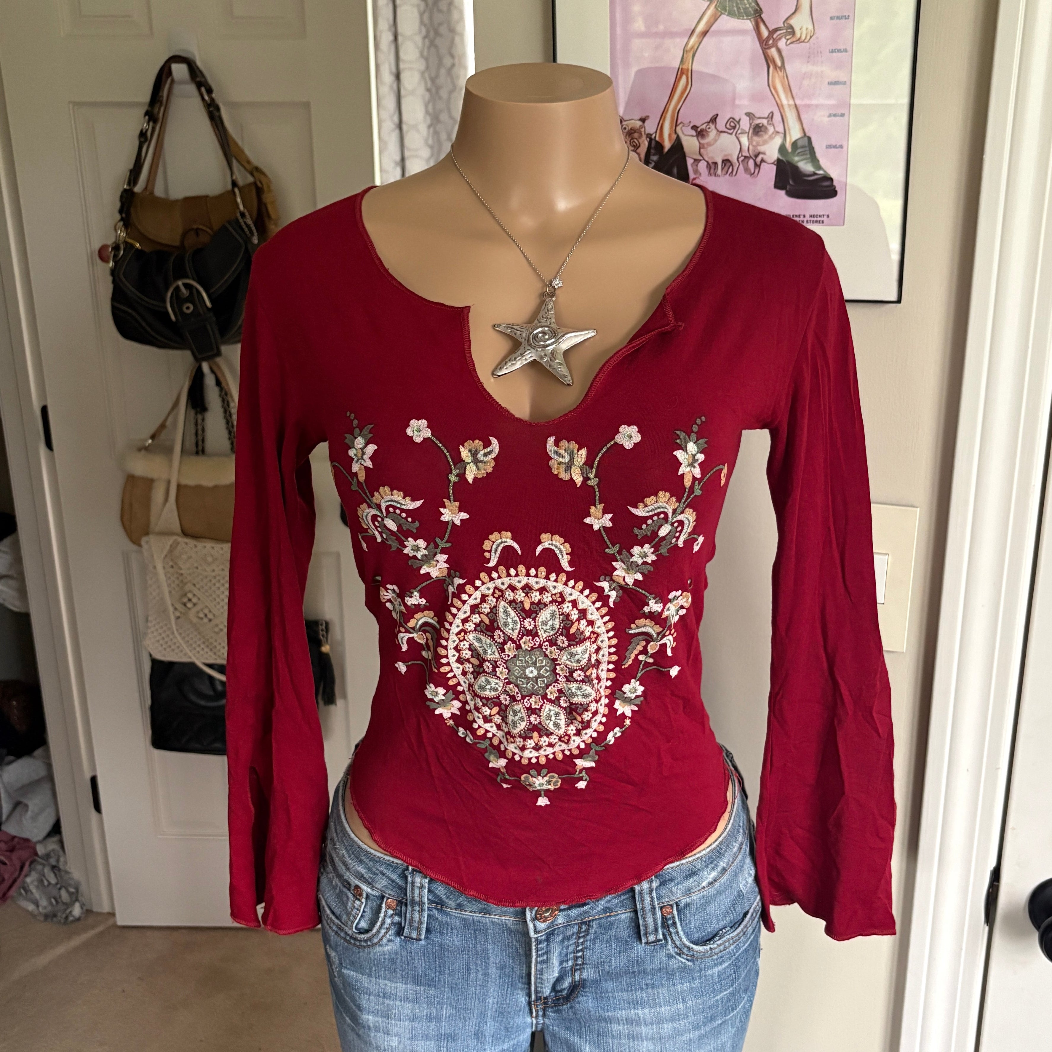 00s red floral romantic long sleeve (size S)