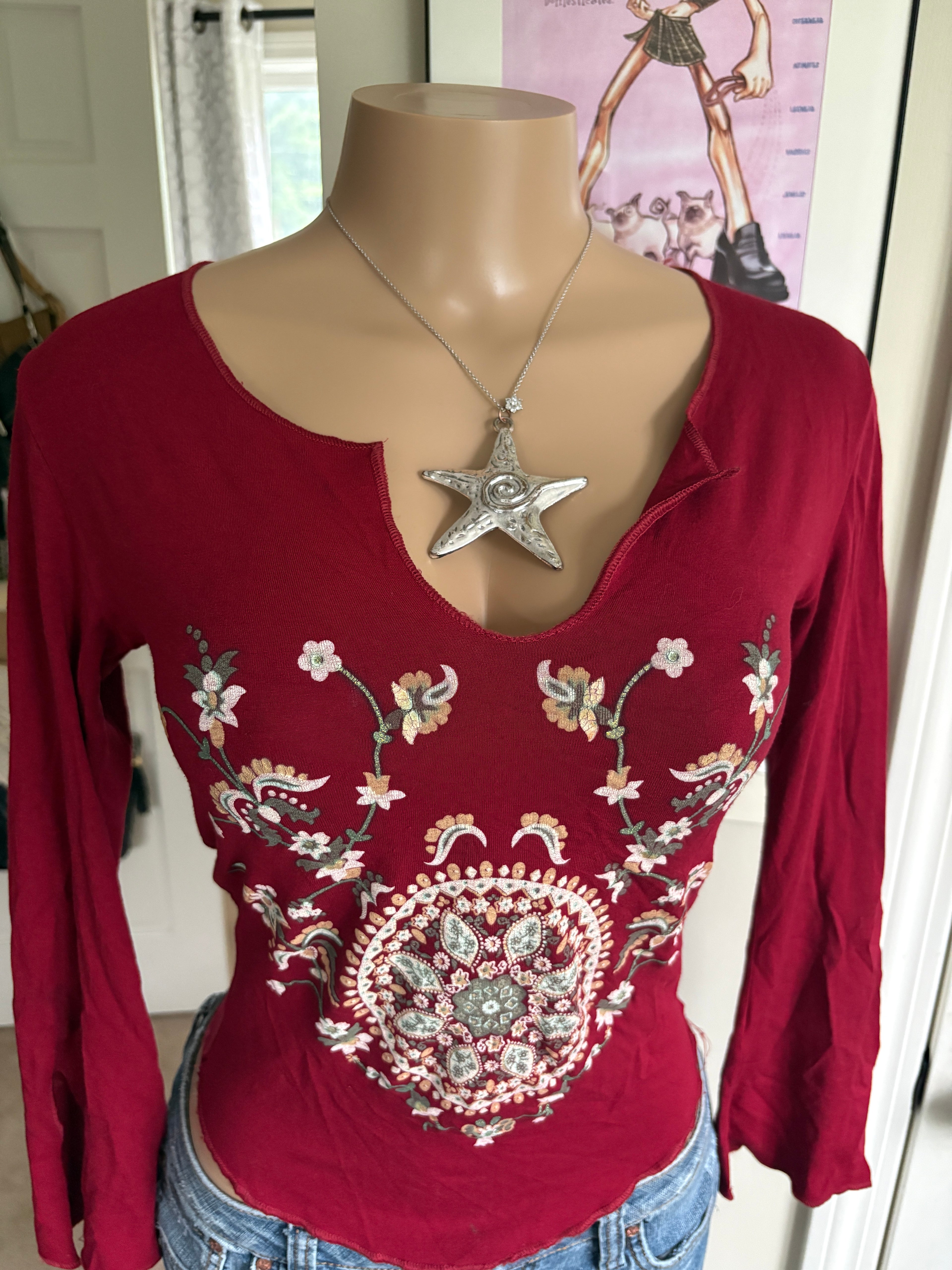 00s red floral romantic long sleeve (size S)