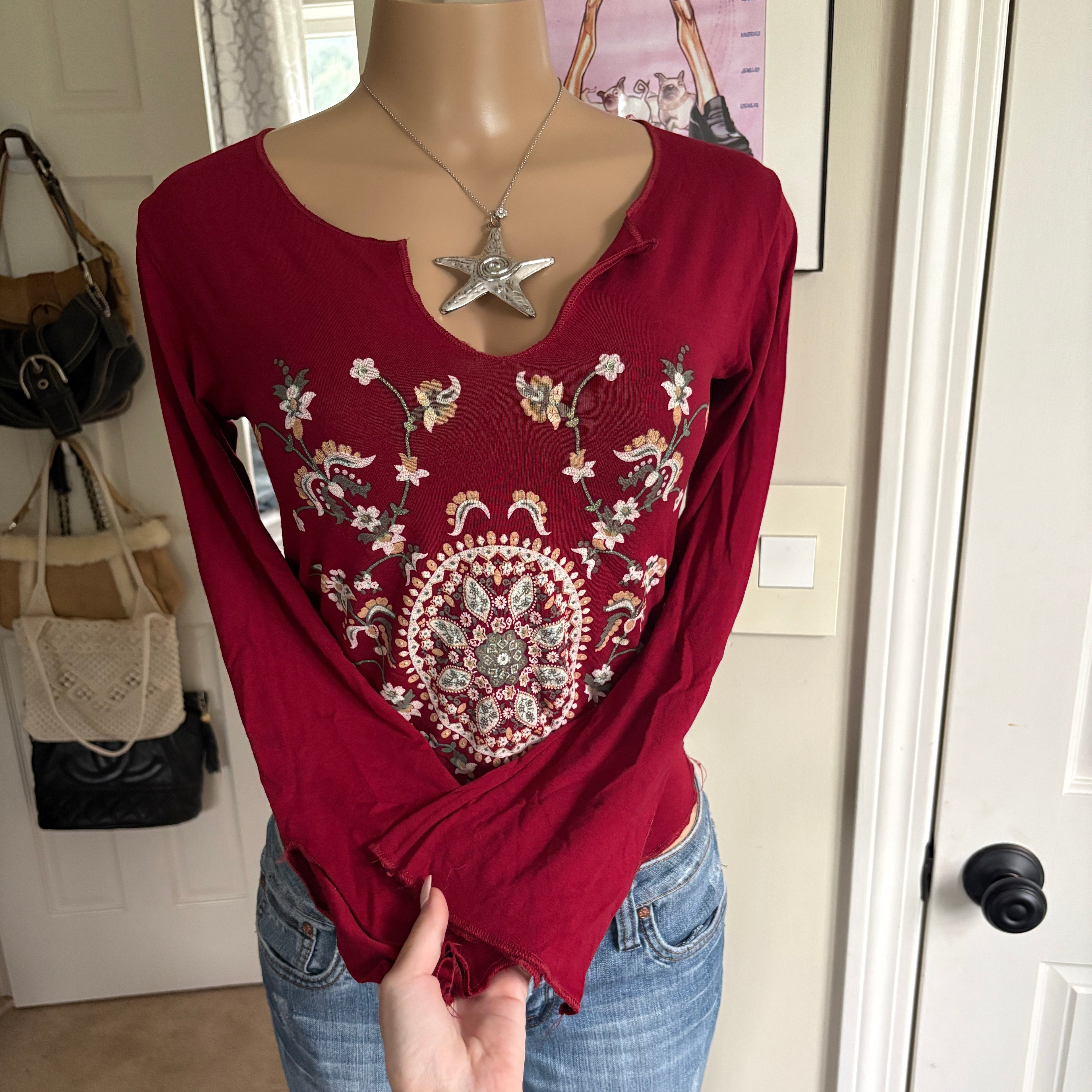 00s red floral romantic long sleeve (size S)