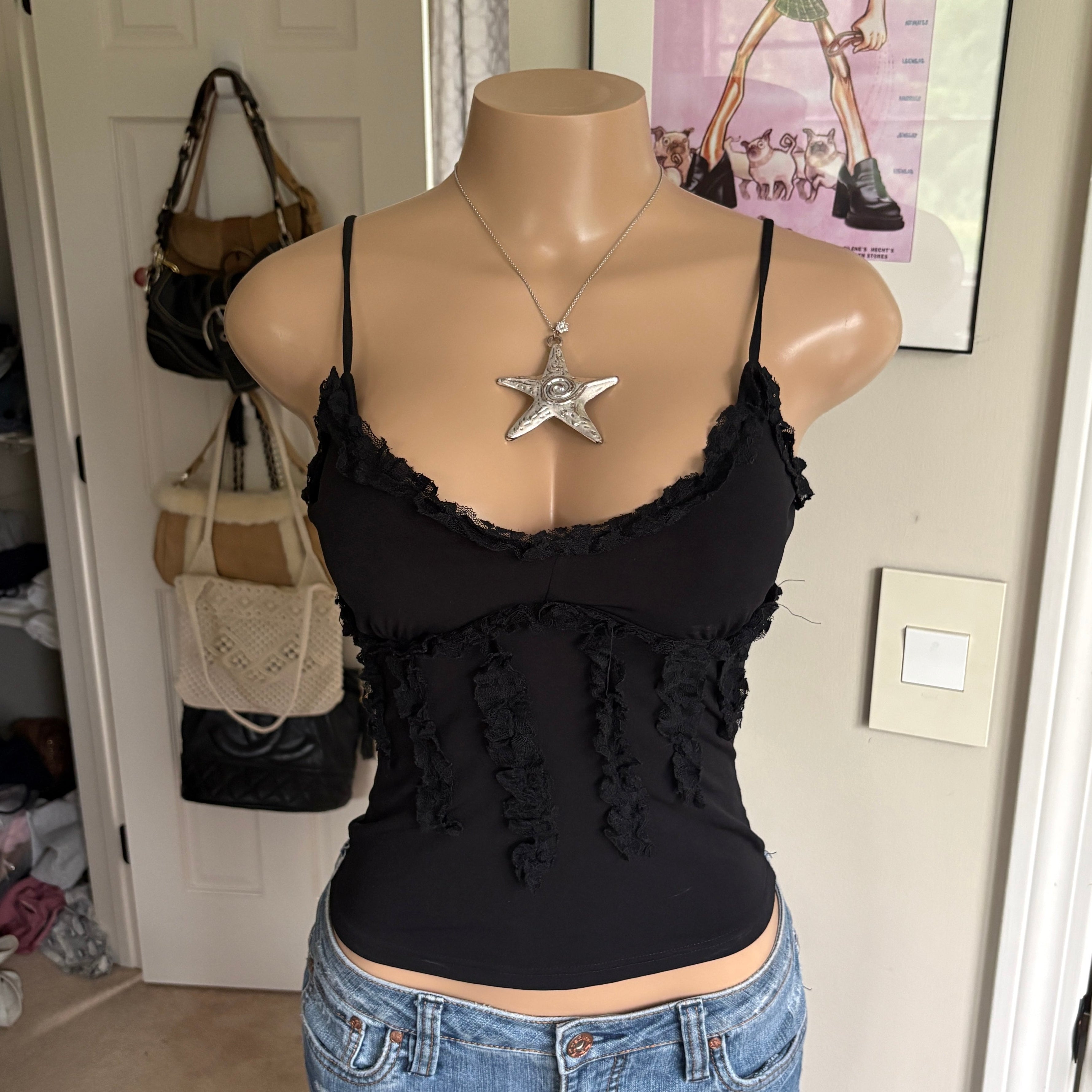 00s black ruffled cami tank (size XS)