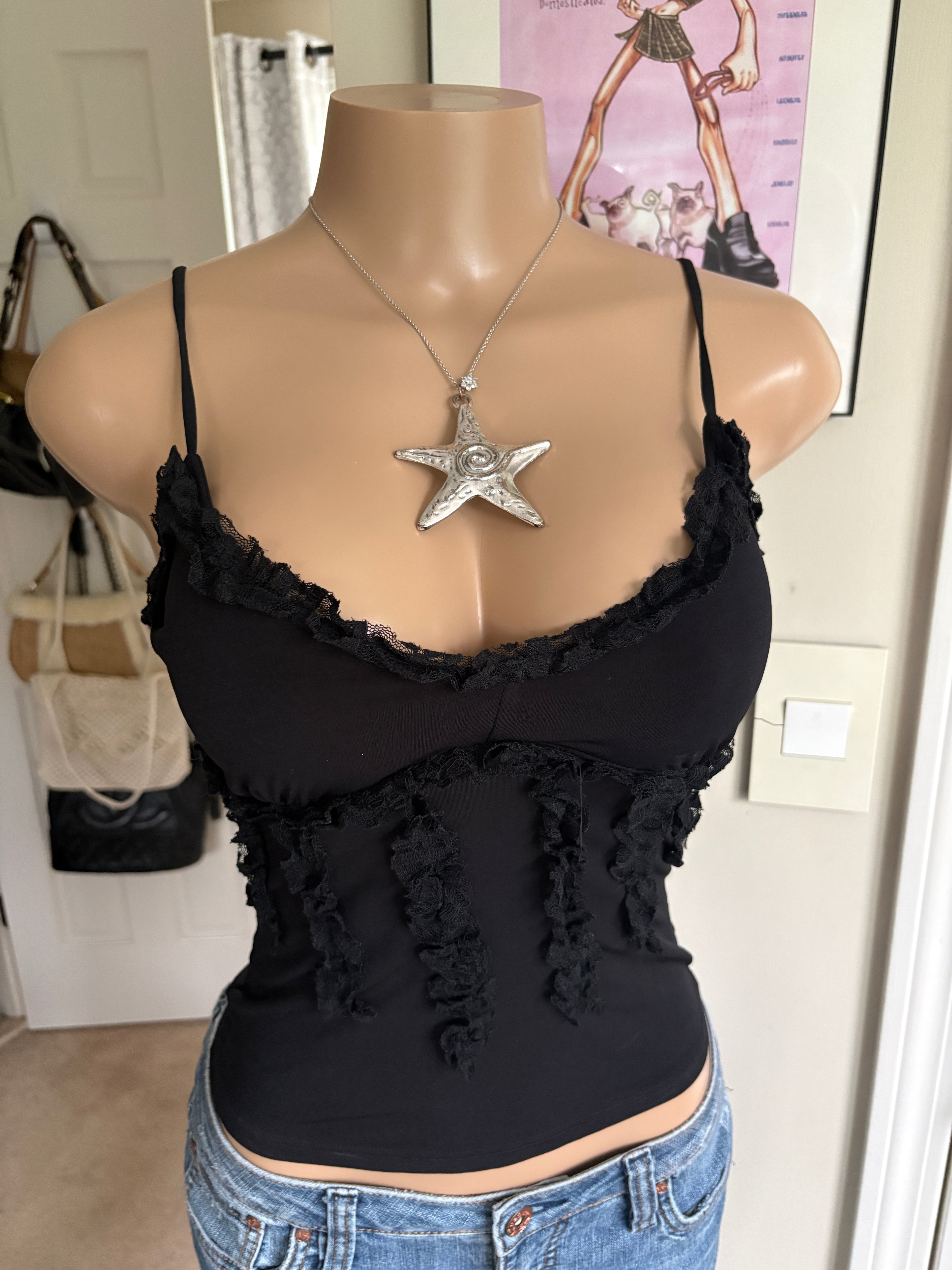 00s black ruffled cami tank (size XS)