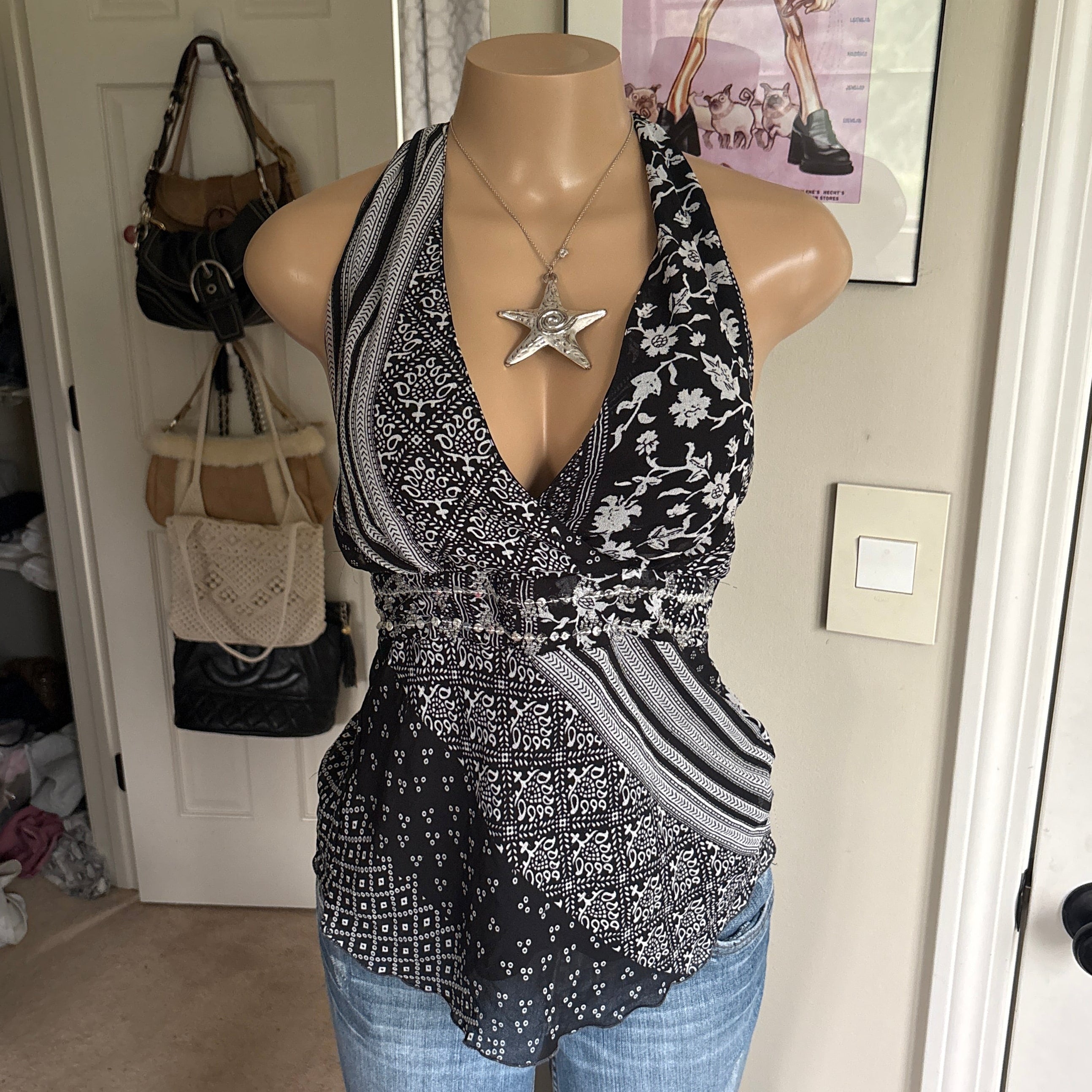 00s black floral v neck halter top (size M)