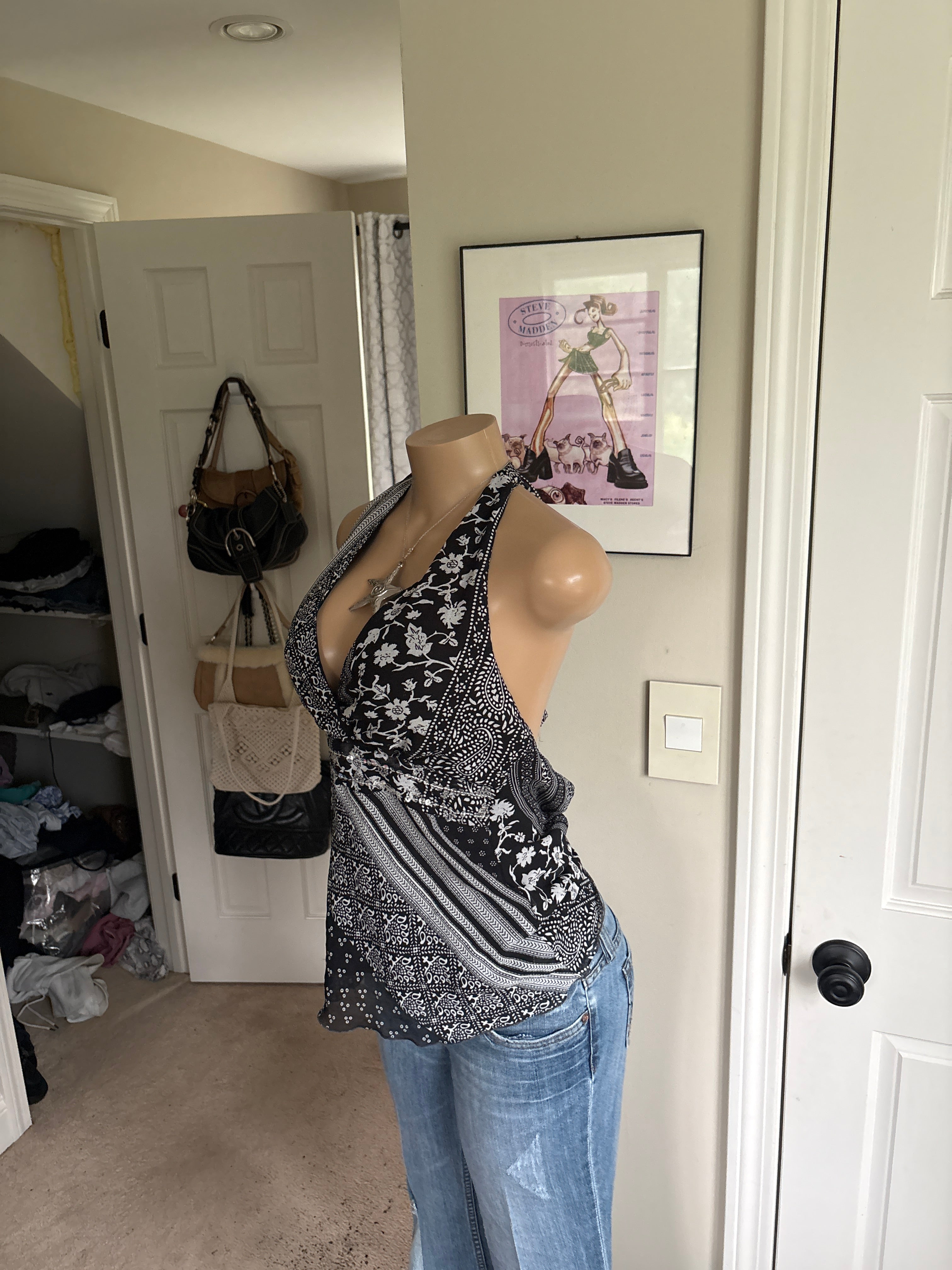 00s black floral v neck halter top (size M)