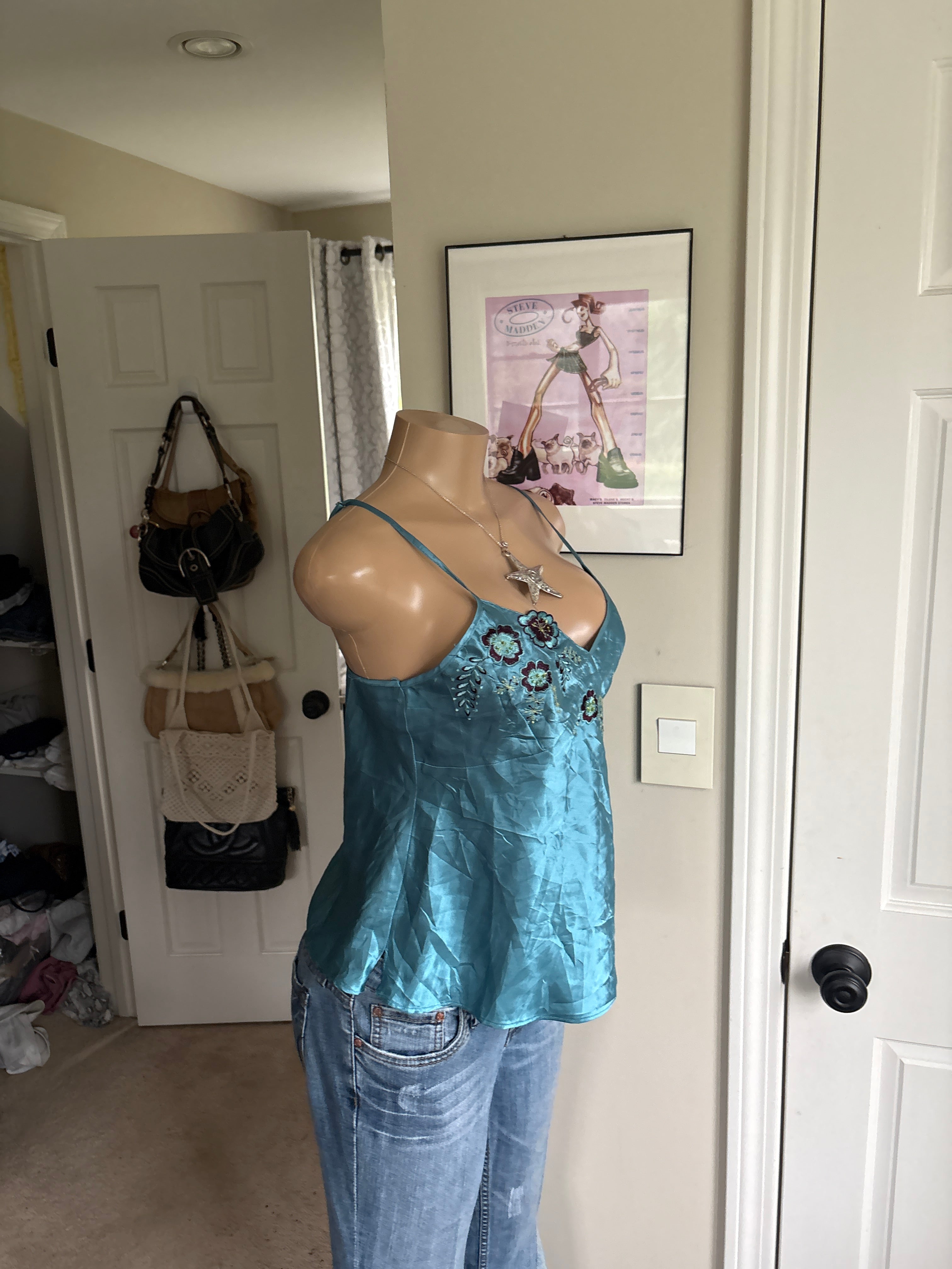 00s blue floral satin v neck tank top (size M)