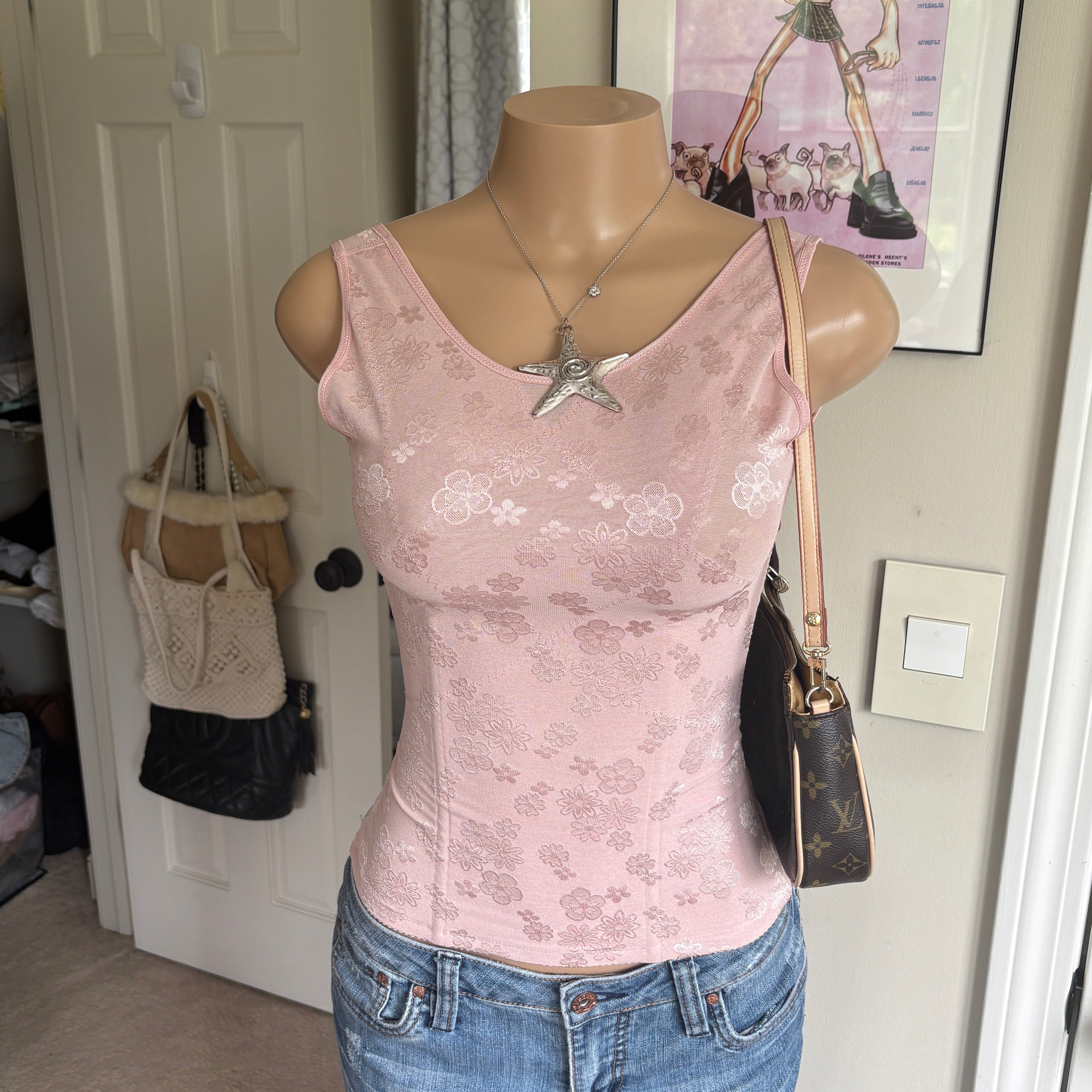 00s pink floral corset tank top (size XS)