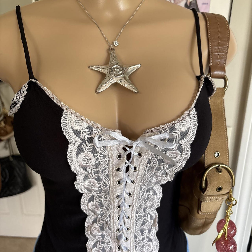 y2k 2000s whimsygoth milkmaid black white lace up corset cami top