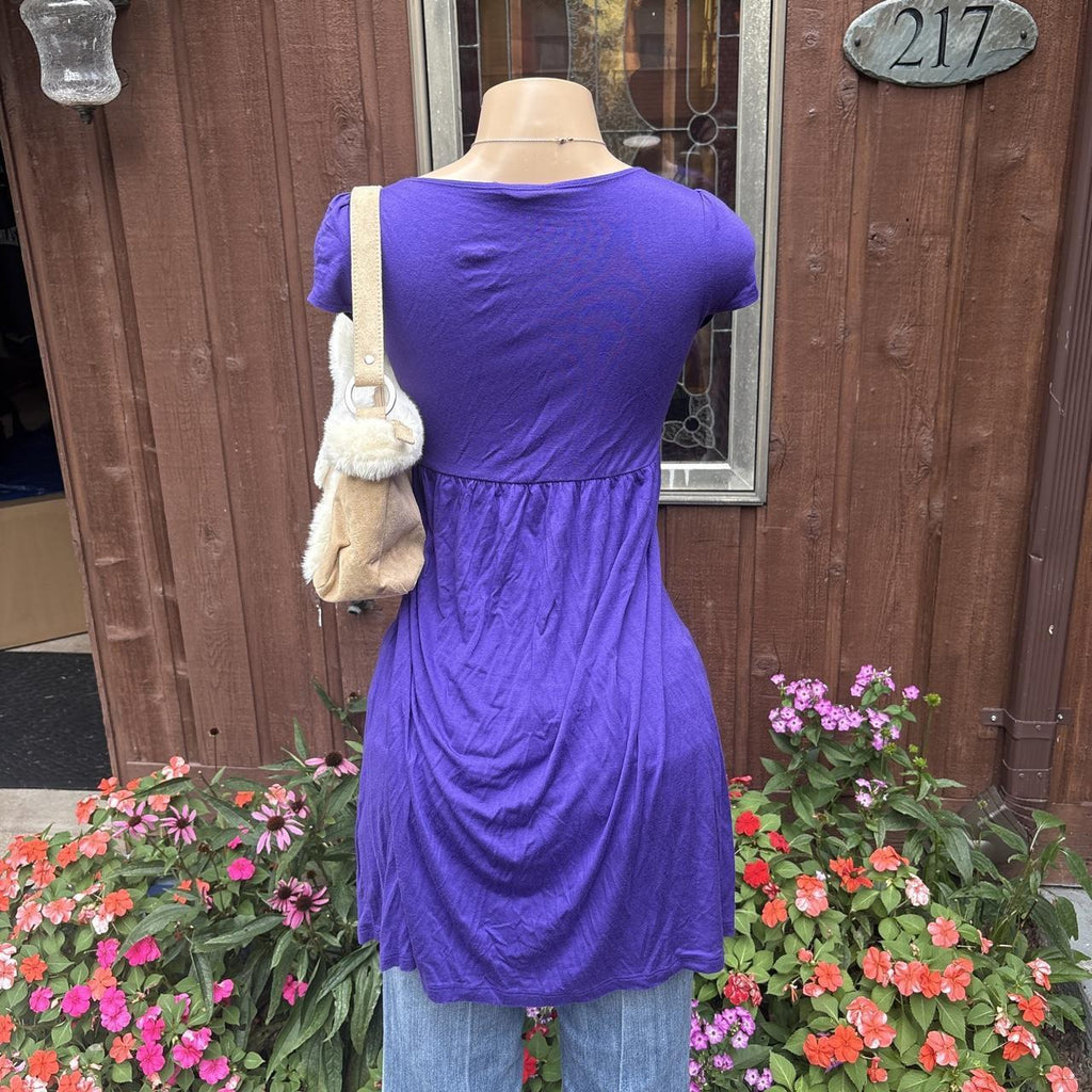 y2k 2000s purple beaded deep v babydoll tunic top