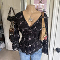 y2k 2000s black floral mesh wrap long sleeve surplice top