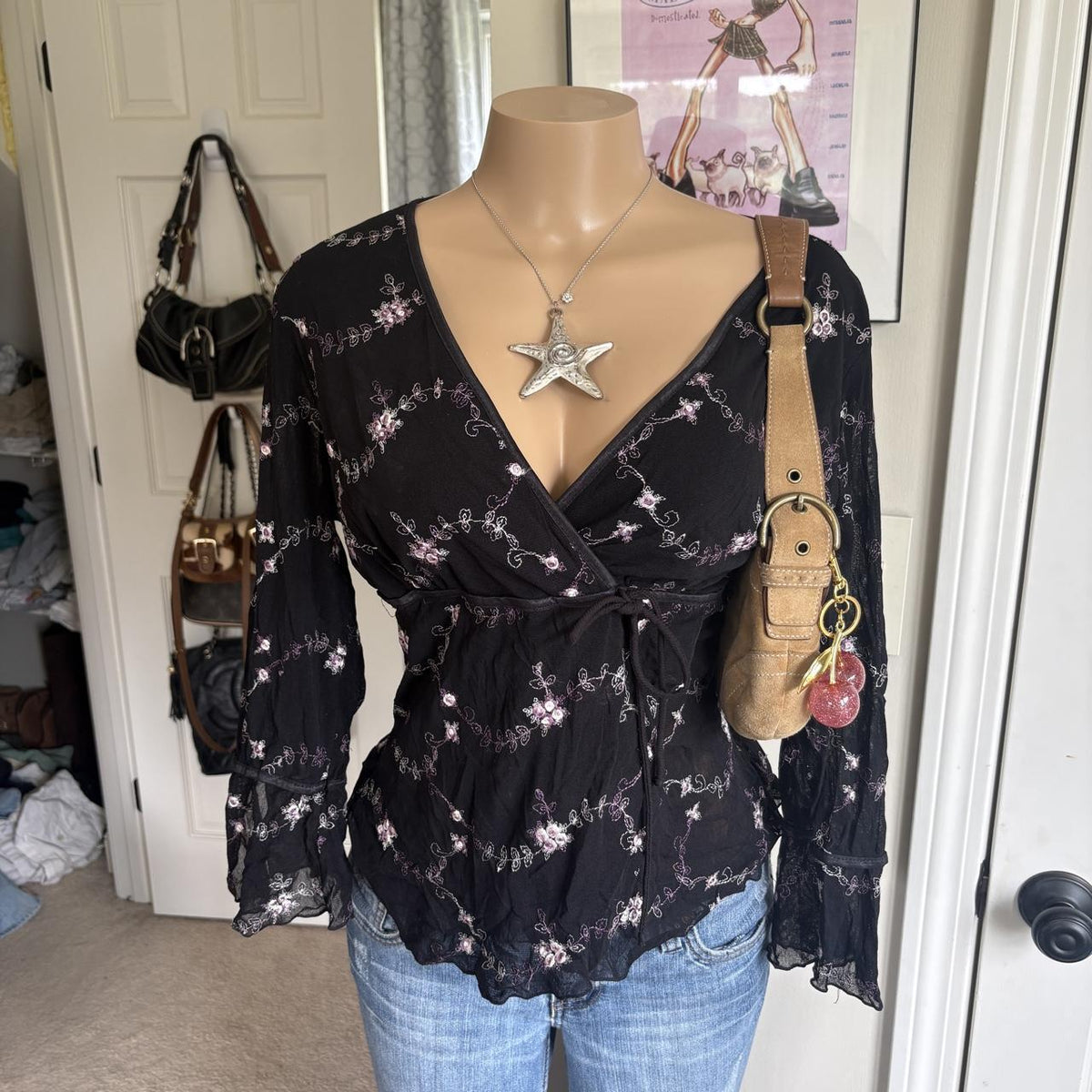 y2k 2000s black floral mesh wrap long sleeve surplice top