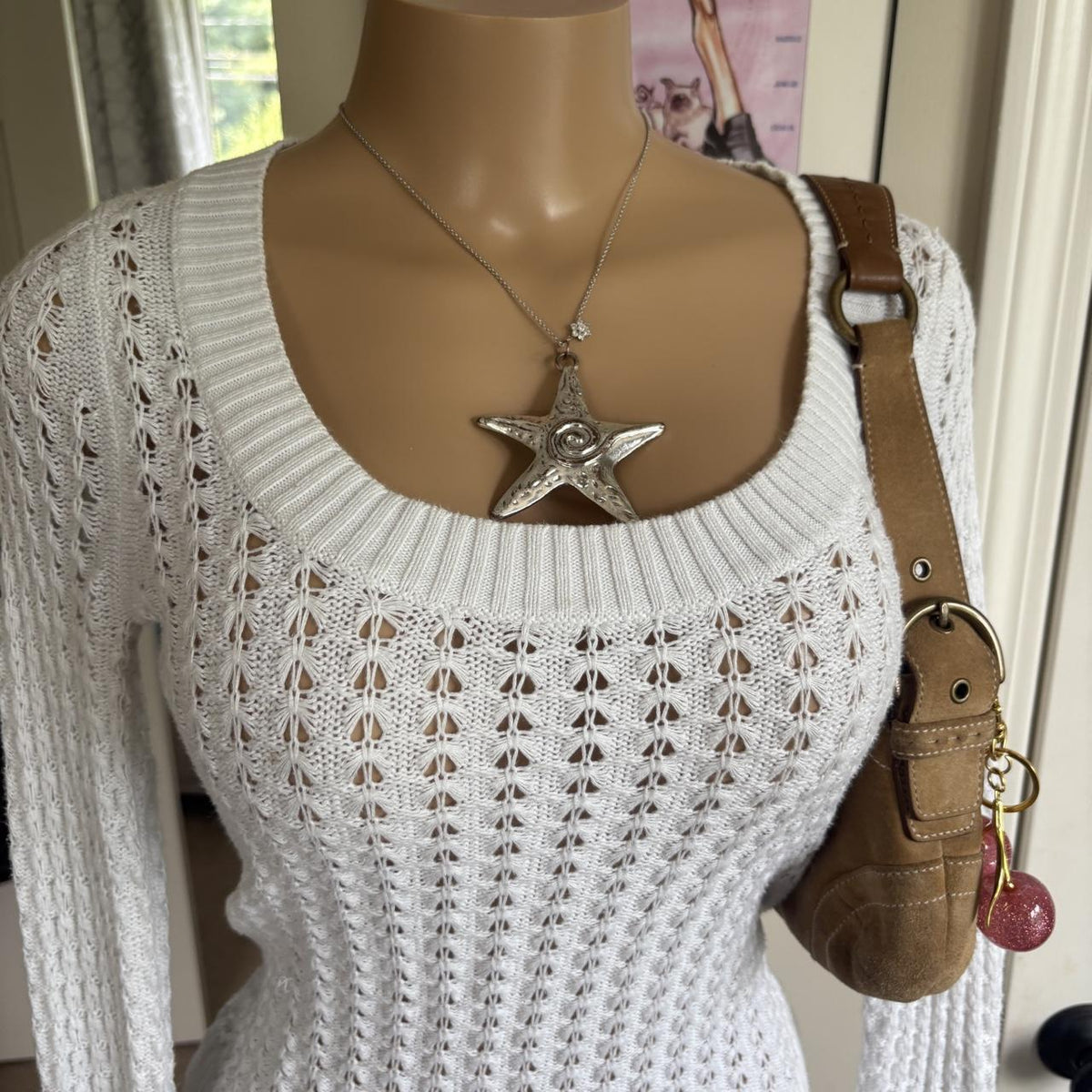 Y2K 2000s Guess White Open Knit Scoop Neck Sweater