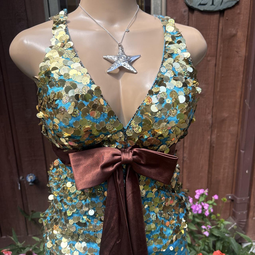 Y2K vintage Night Moves Turquoise Gold Sequin Cutout Maxi Prom Dress