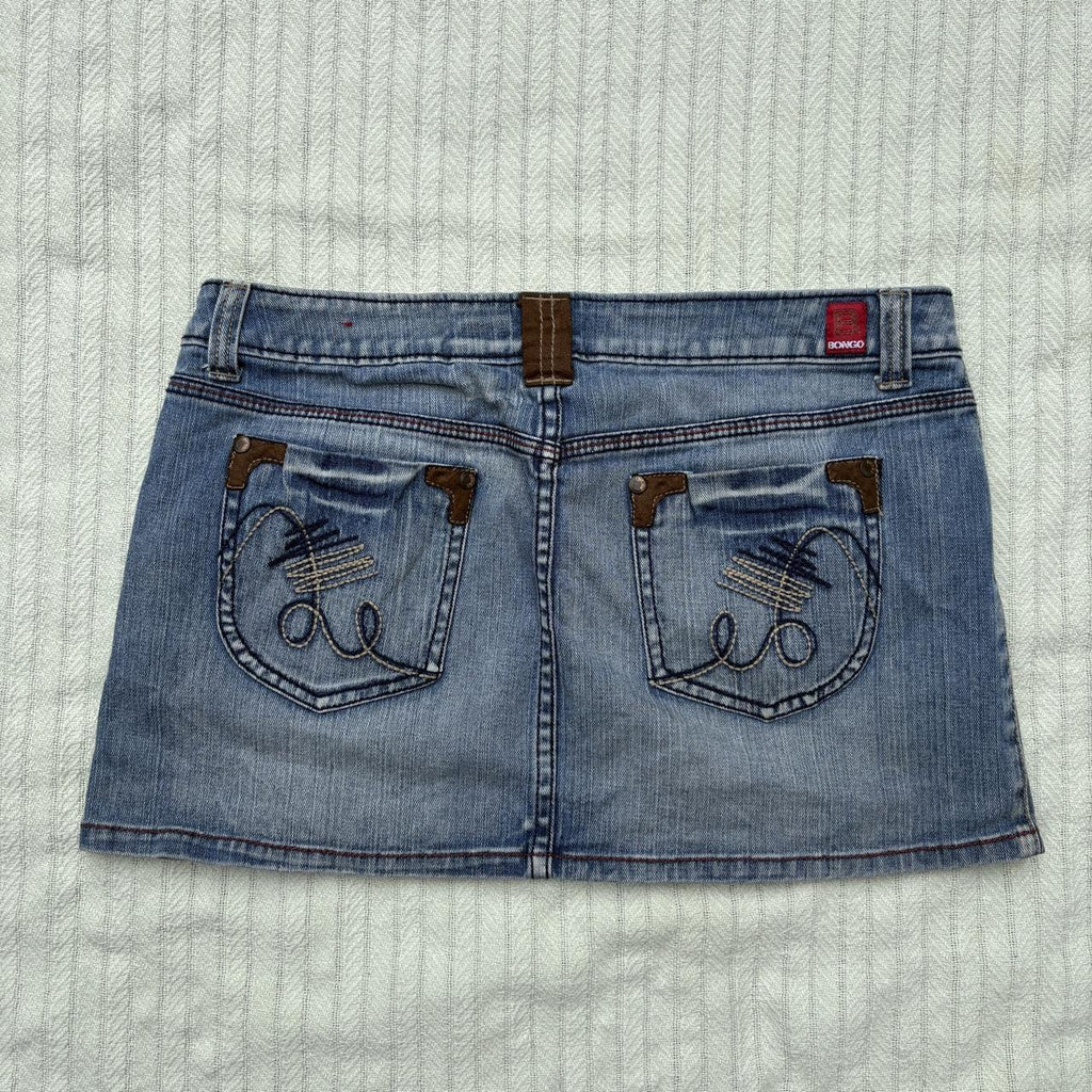 y2k 2000s bongo embroidered pocket denim micro mini skirt