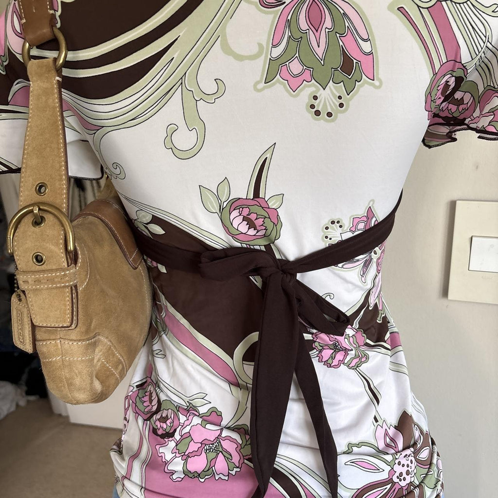 y2k 2000s avant garde brown pink floral tie back babydoll top
