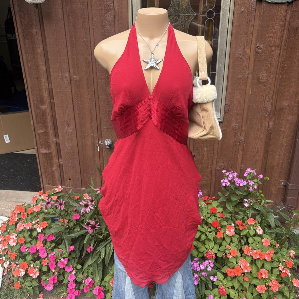 Y2K 2000s Express silk Red Halter Plunge babydoll dress